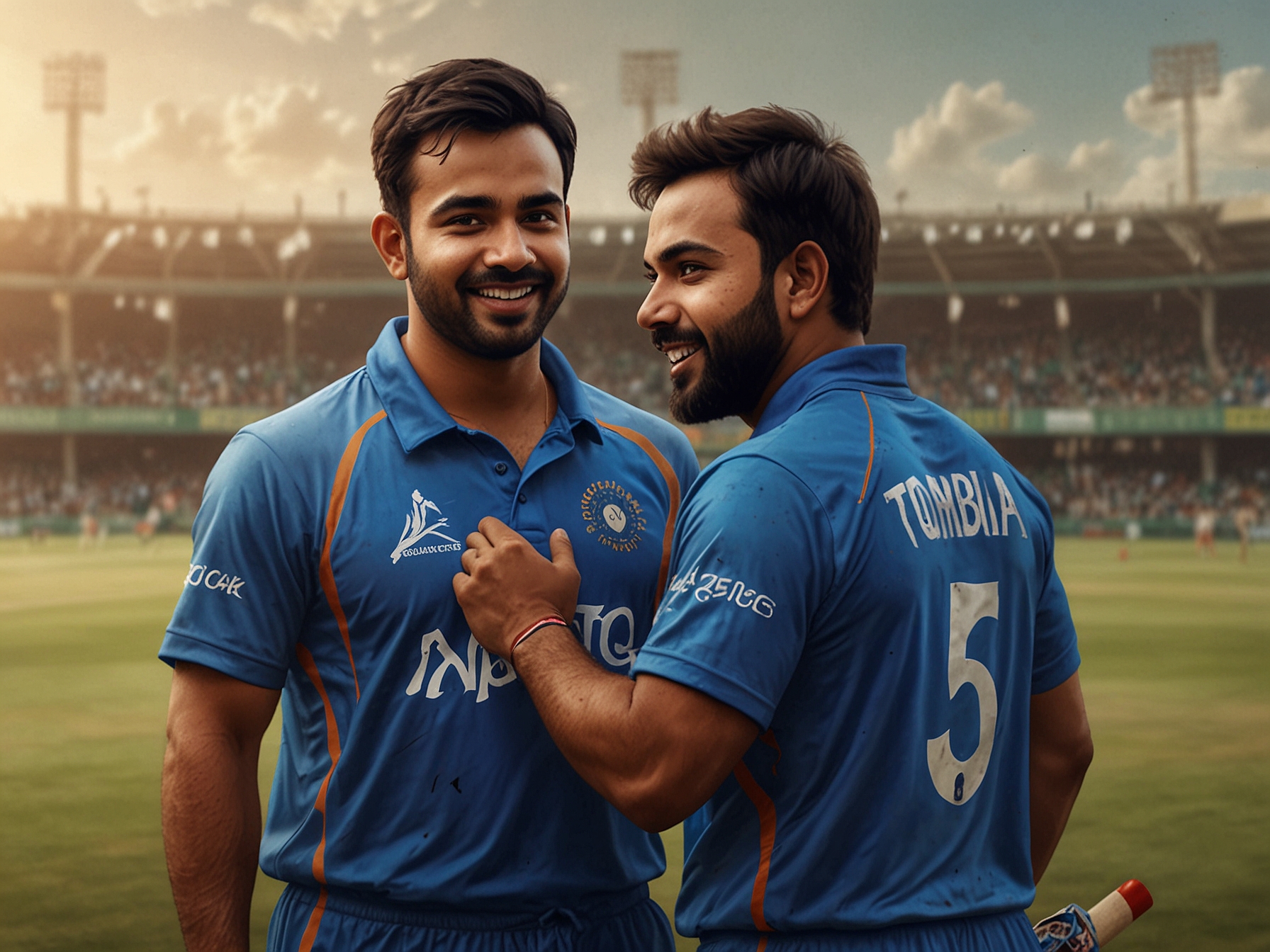 Rashid Khan and Rohit Sharma standing together, showcasing mutual respect and camaraderie, highlighting their journey and achievements in the tournament, with a cricket field in the backdrop.
