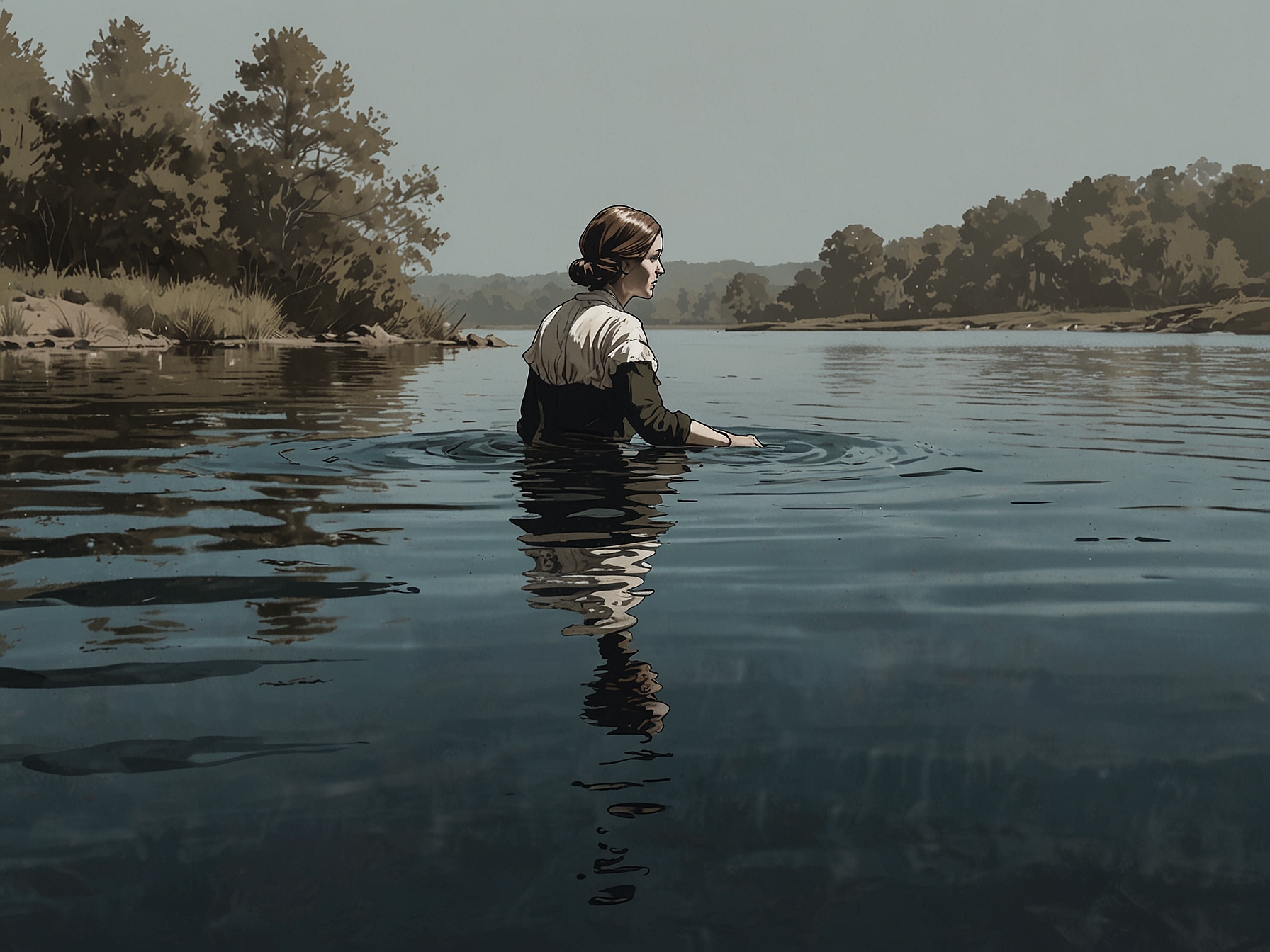 A depiction of Lady Janet Anstruther swimming in a serene lake. Her fearless and unconventional spirit, vividly portrayed in Laurain’s novel, comes to life in this historical illustration.