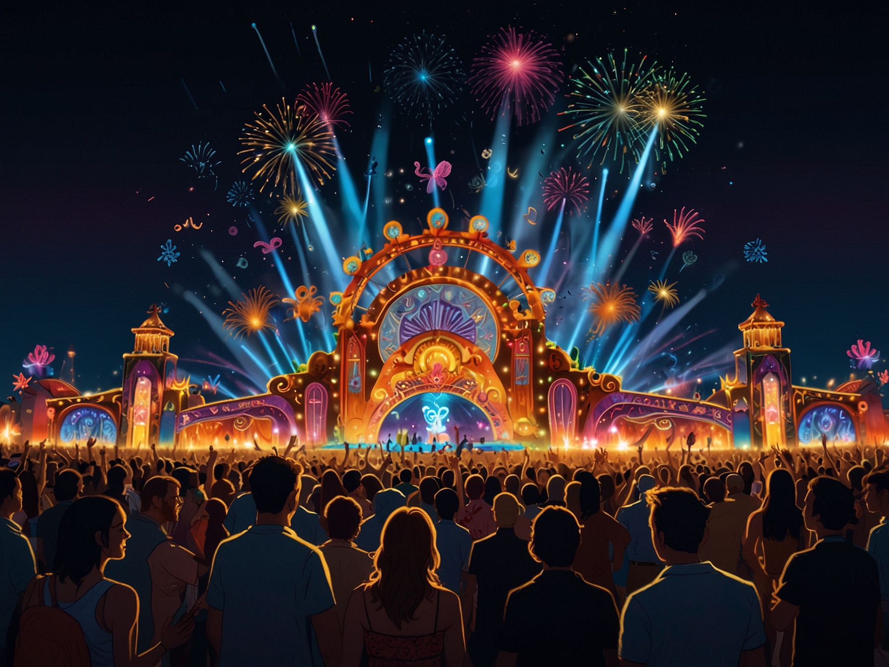 A lively scene from the Electric Daisy Carnival (EDC) Las Vegas, showcasing dazzling light shows, large crowds, and world-famous DJs performing on elaborately decorated stages.