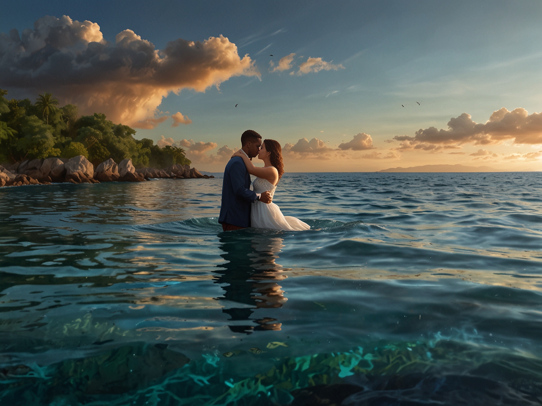 Britt Stewart and Daniel Durant enjoy a romantic moment by the crystal-clear waters of Jamaica, capturing the essence of their engagement celebration surrounded by breathtaking natural beauty.
