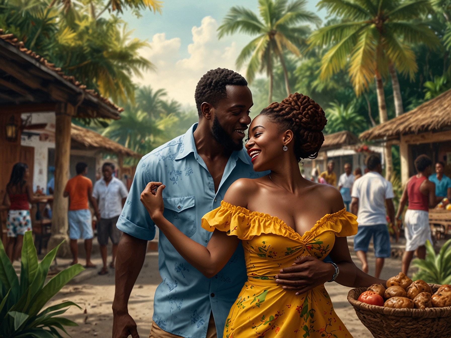 The couple explores the vibrant culture of Jamaica, participating in traditional dance and savoring local cuisine like jerk chicken, as they embrace the rich heritage and enjoy their romantic retreat.