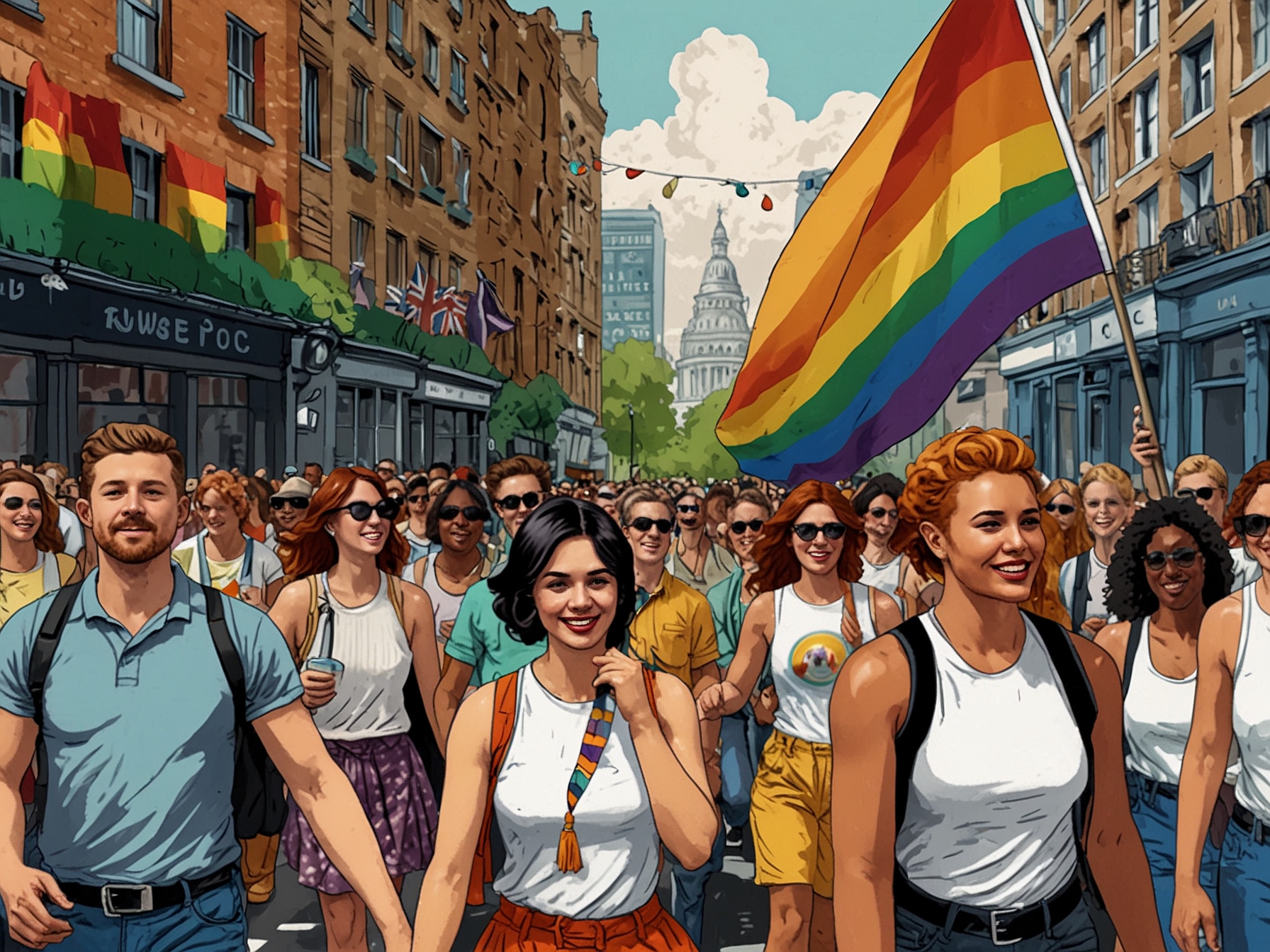 A colorful parade with participants in vibrant costumes and rainbow flags marching through the streets of London, symbolizing the unity and diversity of the LGBTQ+ community.
