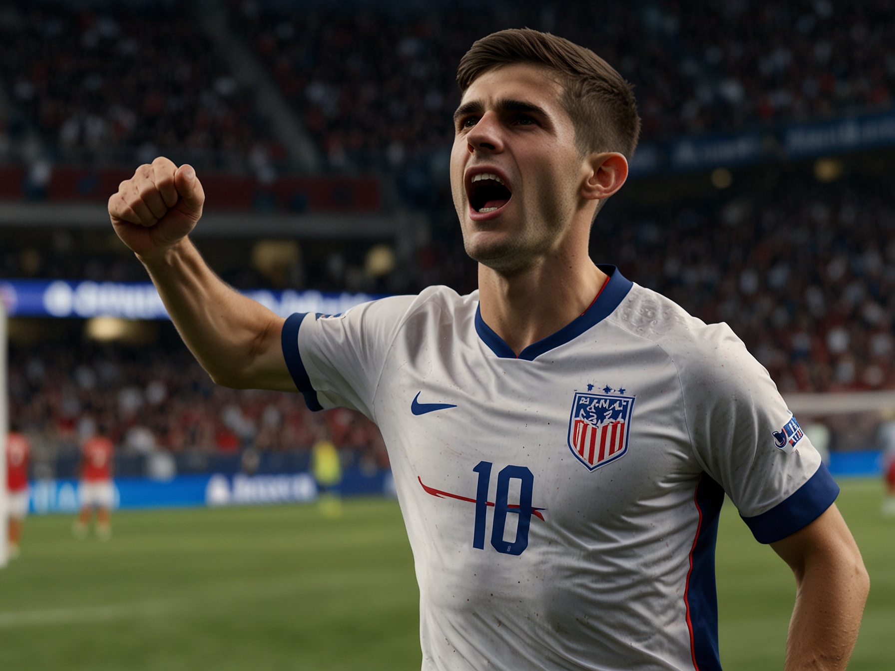 Christian Pulisic celebrates after scoring an equalizing goal against Panama. The image captures a brief moment of hope and determination for the USMNT in a critical Copa America fixture.