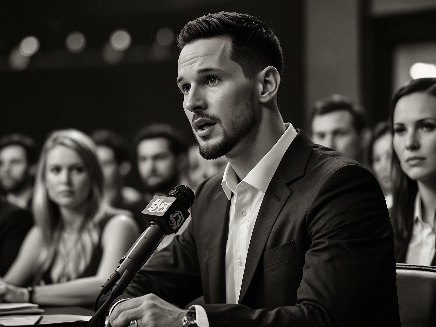 An image capturing JJ Redick speaking at the Lakers press conference, with audience members visibly reacting to his comments about LeBron James, highlighting the moment of collective groaning.