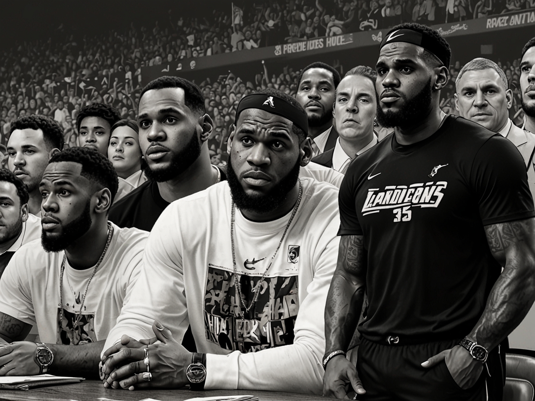 A social media graphic featuring viral clips and memes of the press conference groan, showcasing the widespread online reaction and divided opinions on LeBron James' career and future.