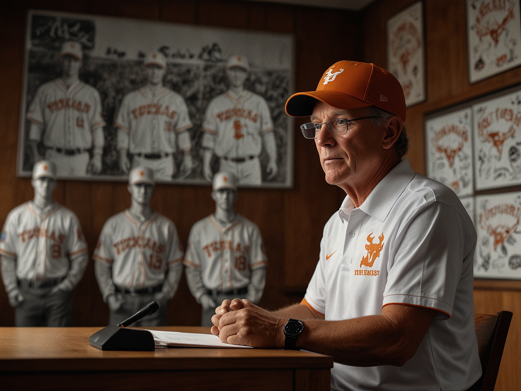 Jim Schlossnagle, in Texas baseball gear, addresses a press conference outlining his vision to transform Texas Longhorns into SEC competitors, emphasizing player development and tradition.