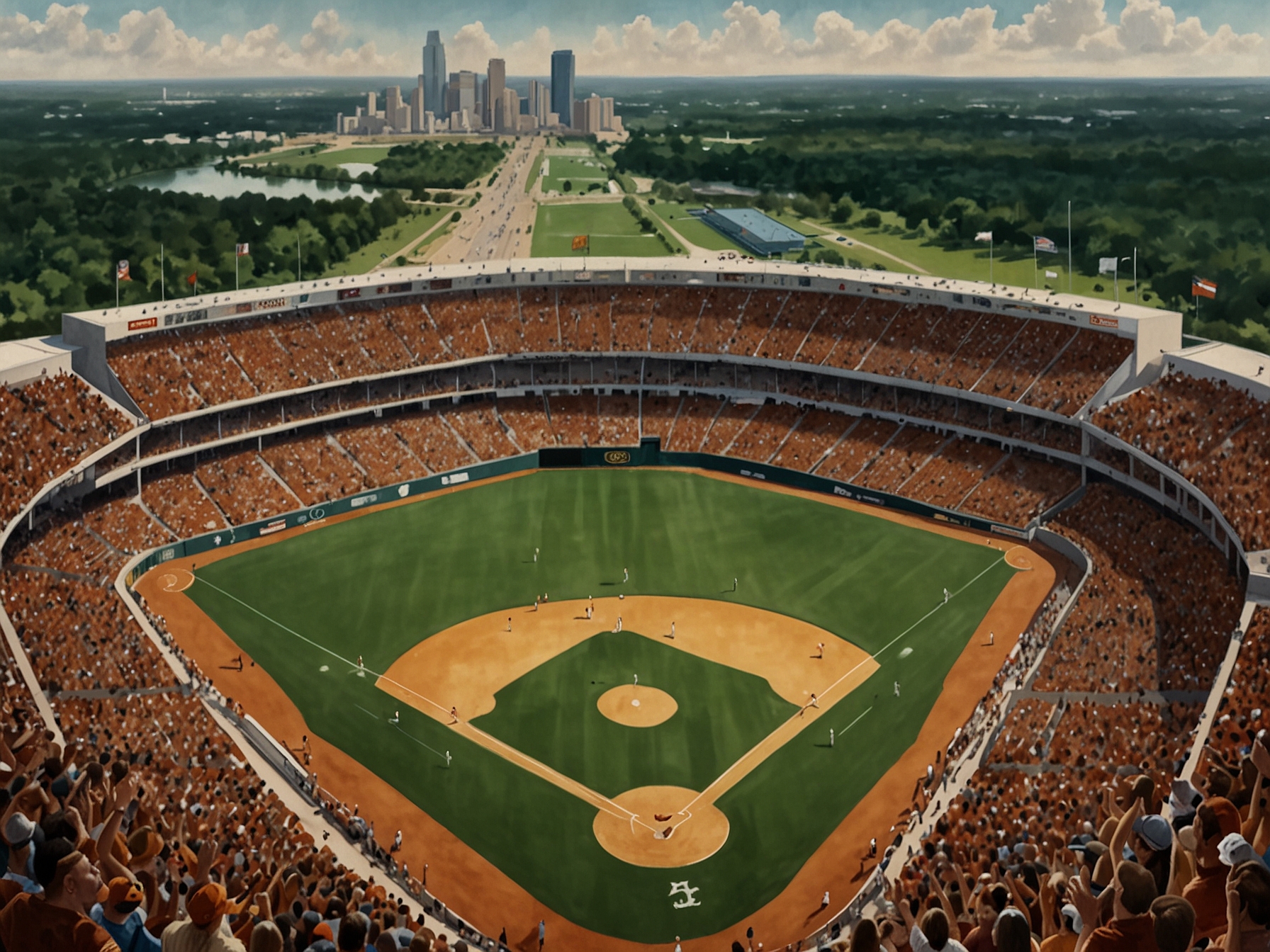An aerial view of Texas Longhorns' baseball stadium with fans filling the stands, ready to embrace the new era under Jim Schlossnagle's leadership, poised for the challenges of the SEC.