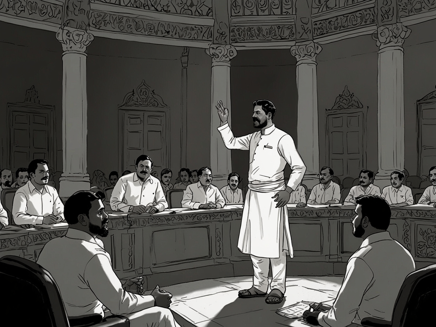 The Speaker of the House intervenes to maintain order during Chandrashekhar Azad's impassioned address, with members of parliament watching the heated exchange closely.