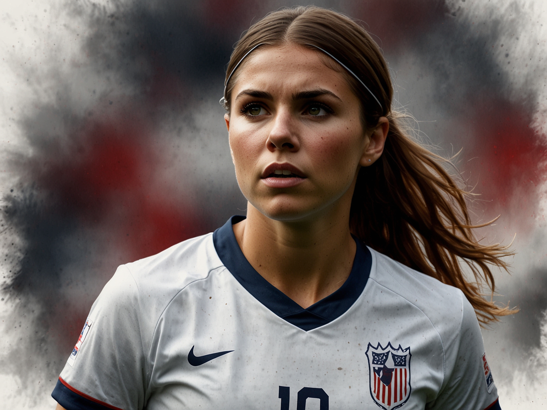 Alex Morgan, in her U.S. soccer kit during a past game, looking determined on the field. Her surprising omission from the Olympic roster has left fans and analysts questioning the team's future direction.