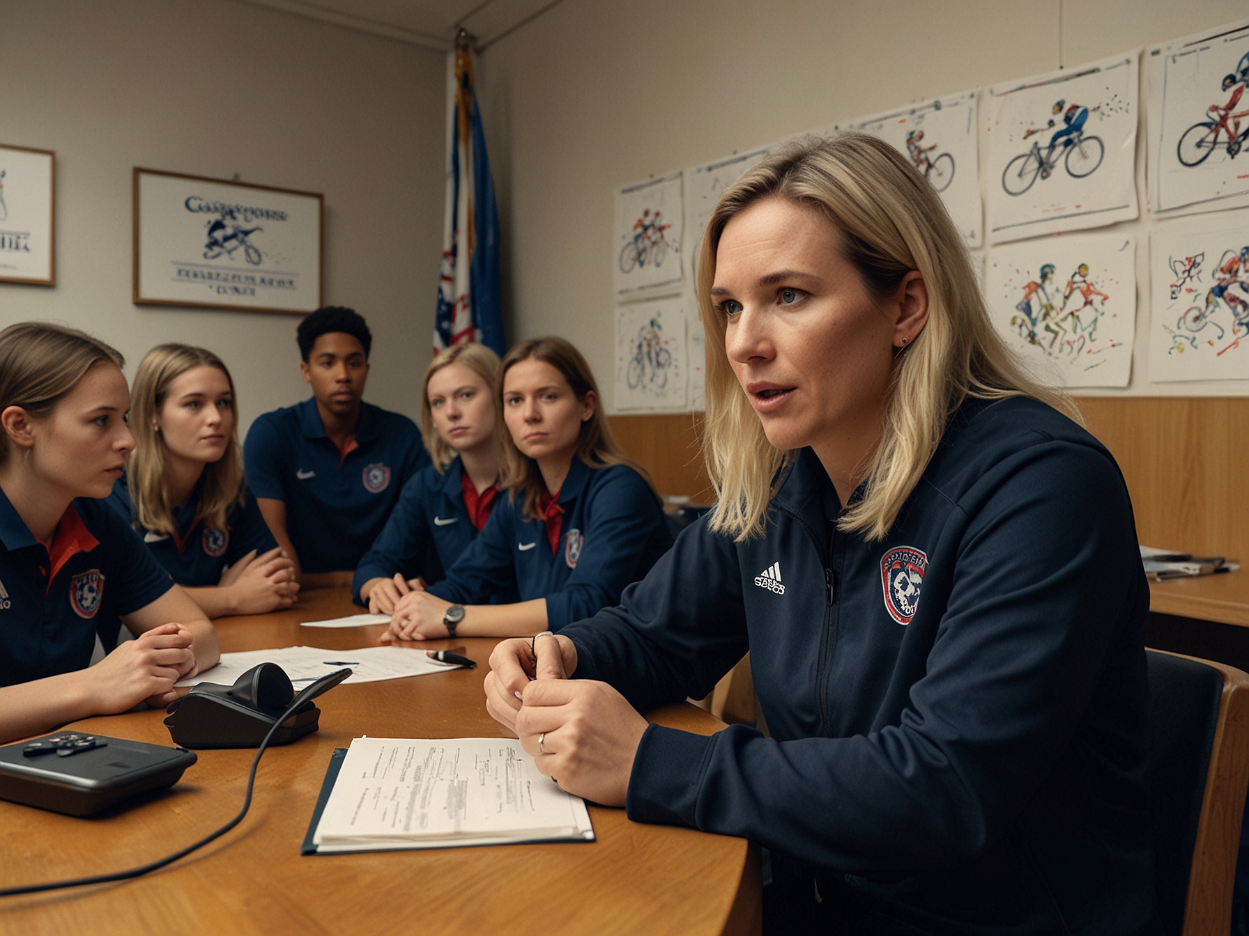 Coach Emma Hayes addressing the media, emphasizing a strategic pivot towards younger talent for the upcoming Olympics. Her decision to exclude Morgan marks a significant change in team composition.