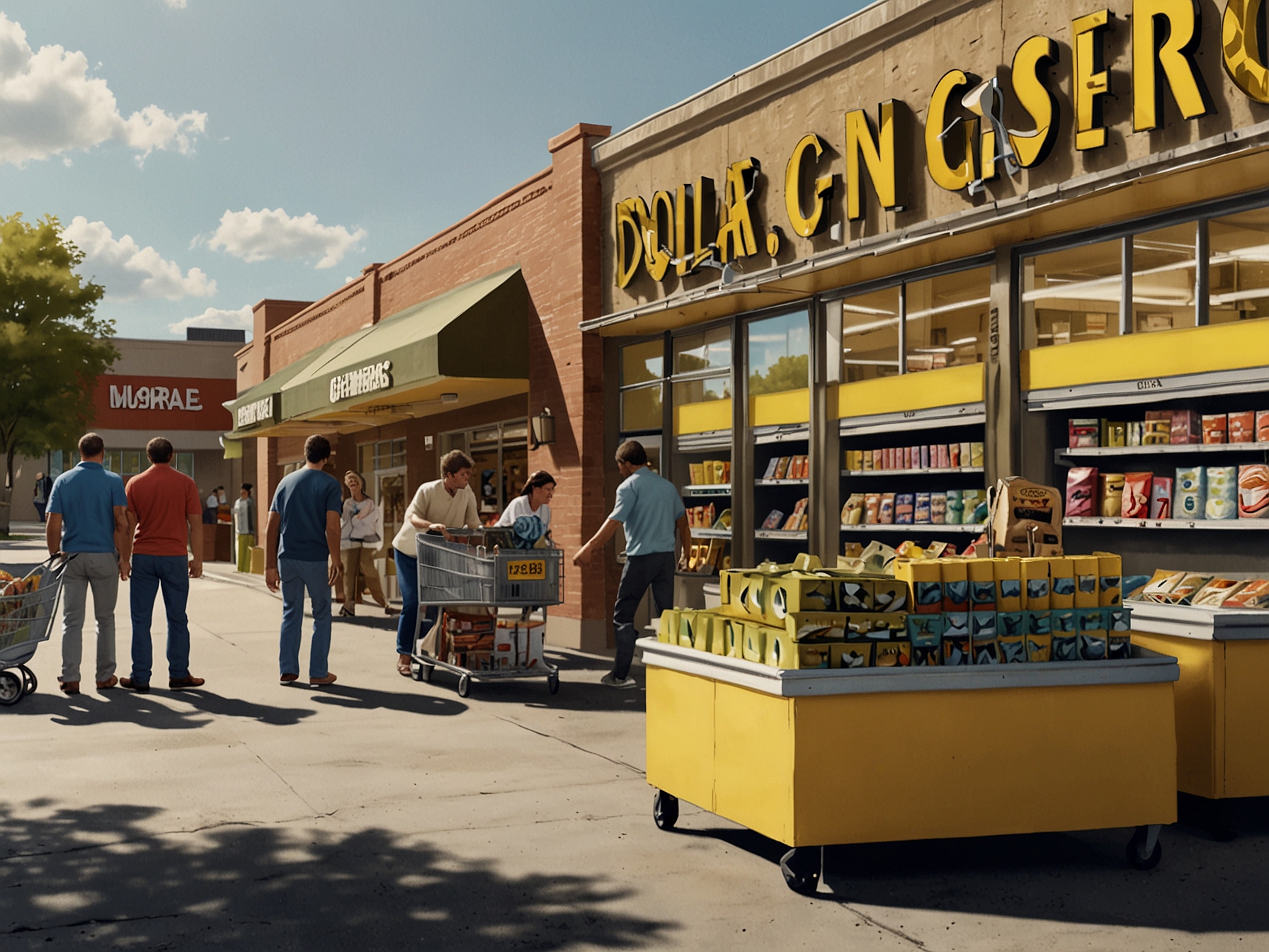 Illustration of a Dollar General store with customers filling their shopping carts. This image highlights Dollar General's appeal to budget-conscious consumers seeking affordable household goods.