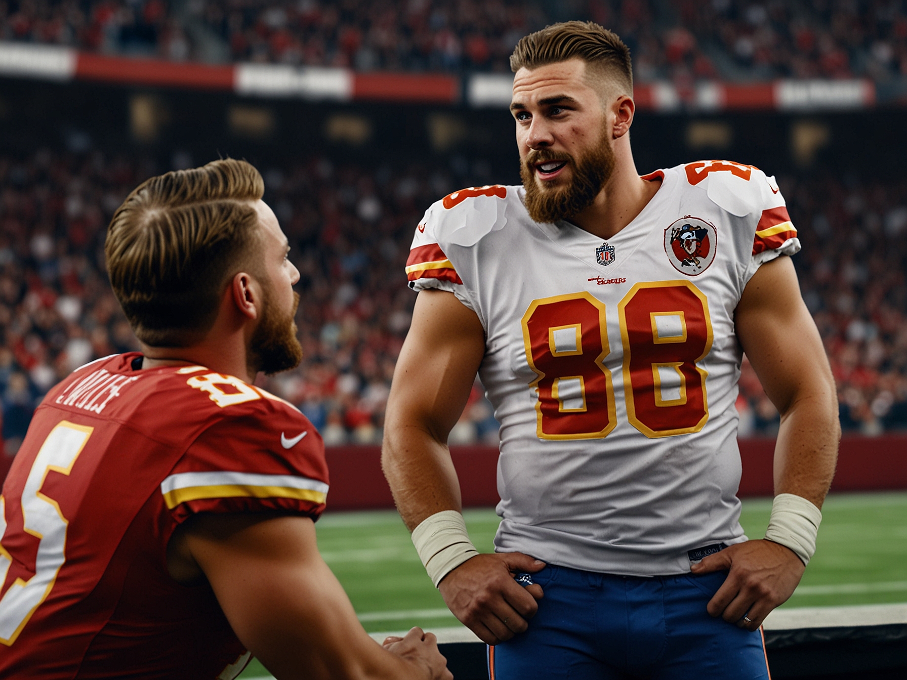 Travis Kelce discussing Taylor Swift's attendance at the NFL game during a candid interview, highlighting her decision to reject VIP accommodations and experience the game with the regular crowd.