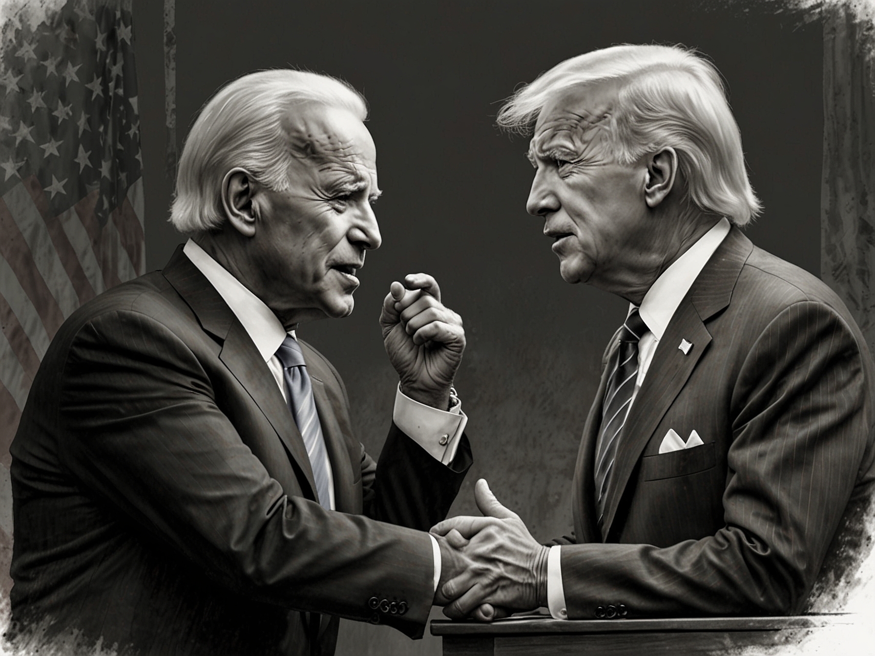 An illustration of President Biden and former President Trump engaging in a heated debate, with both candidates appearing frustrated and disconnected, reflecting the night's confrontational tone.