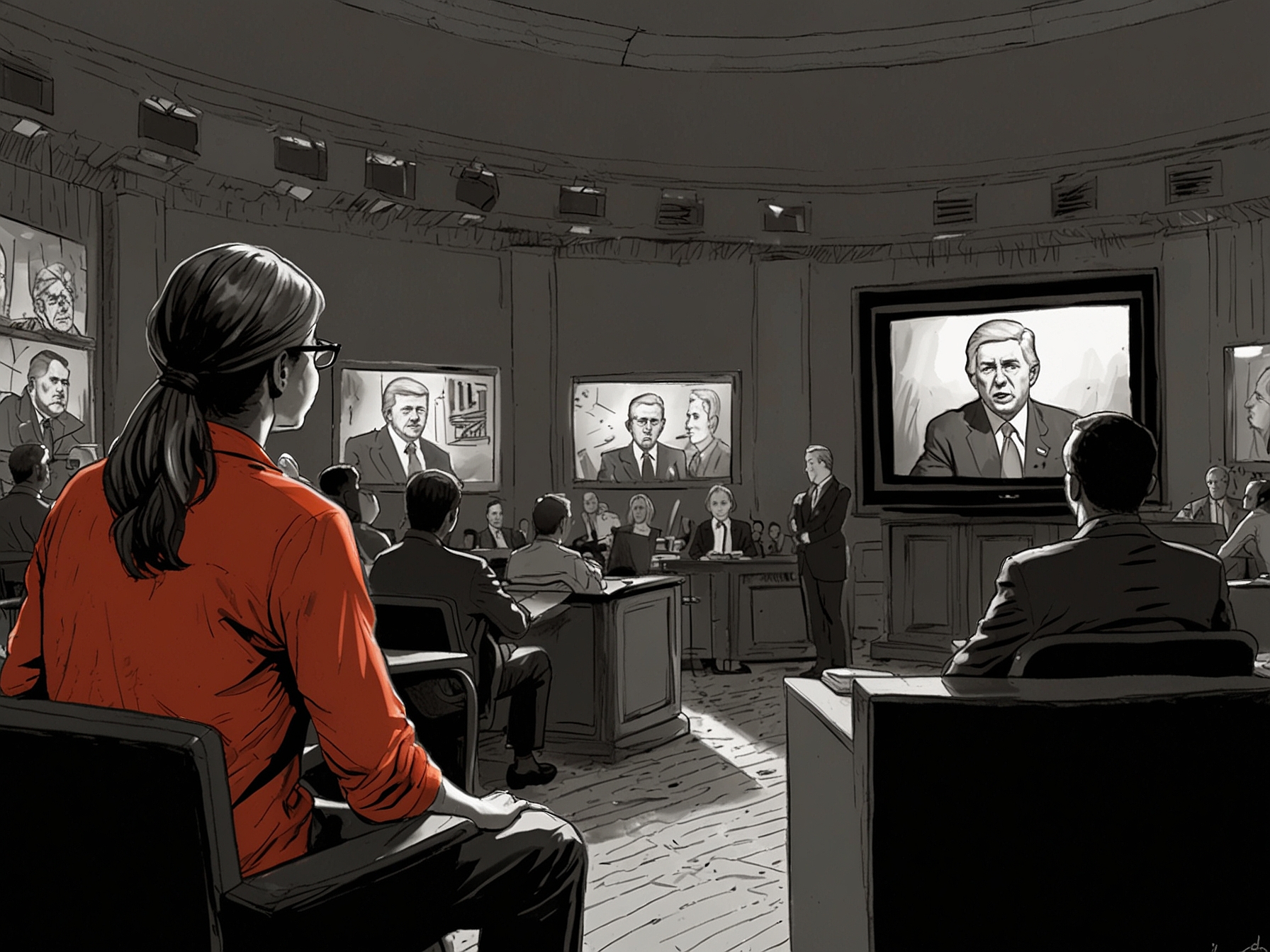 A viewer's perspective with a TV showing the chaotic presidential debate, capturing the disillusionment and frustration of the audience as they witness the lack of substantial discussion on pressing issues.