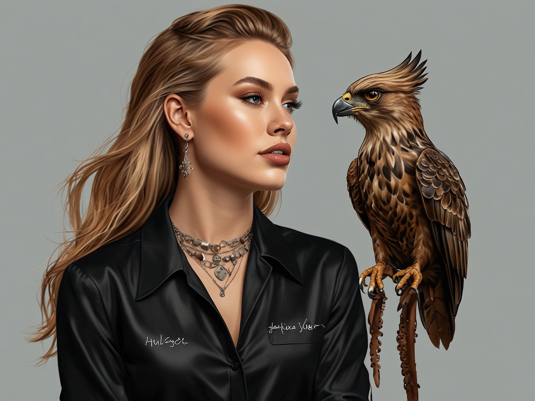 Hailey Welch, the 'Hawk Tuah Girl', showcasing her new 'Hawk Tuah' product line in a stylish photoshoot, highlighting trendy fashion and accessories that reflect her distinctive online persona.