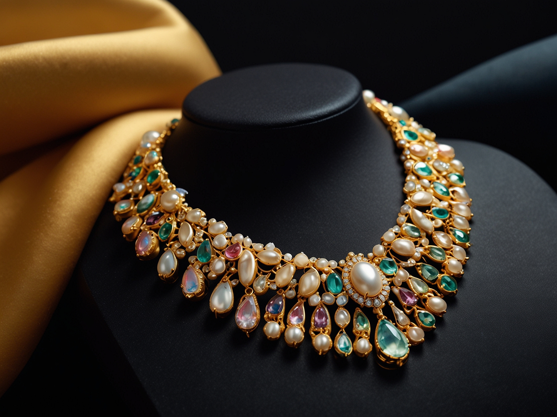 A collection of Kislap Jewelry featuring iridescent pearls and vivid gemstones set in intricate goldwork, illustrating the fusion of Filipino craftsmanship and contemporary design.