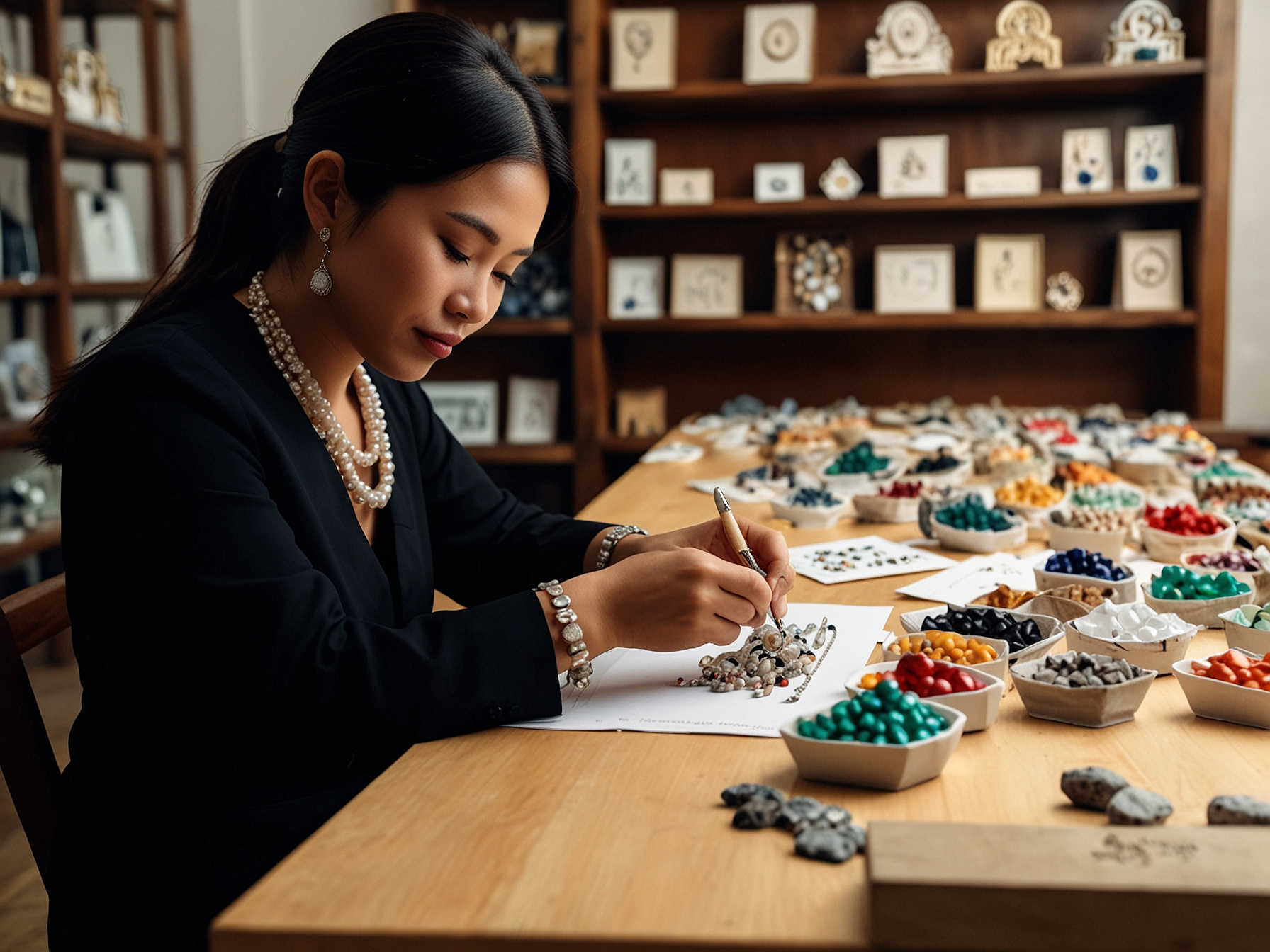 Kat Ong selecting gemstones and pearls with Filipino artisans, showcasing the behind-the-scenes commitment to ethical sourcing and support for traditional craftsmanship in Kislap Jewelry.