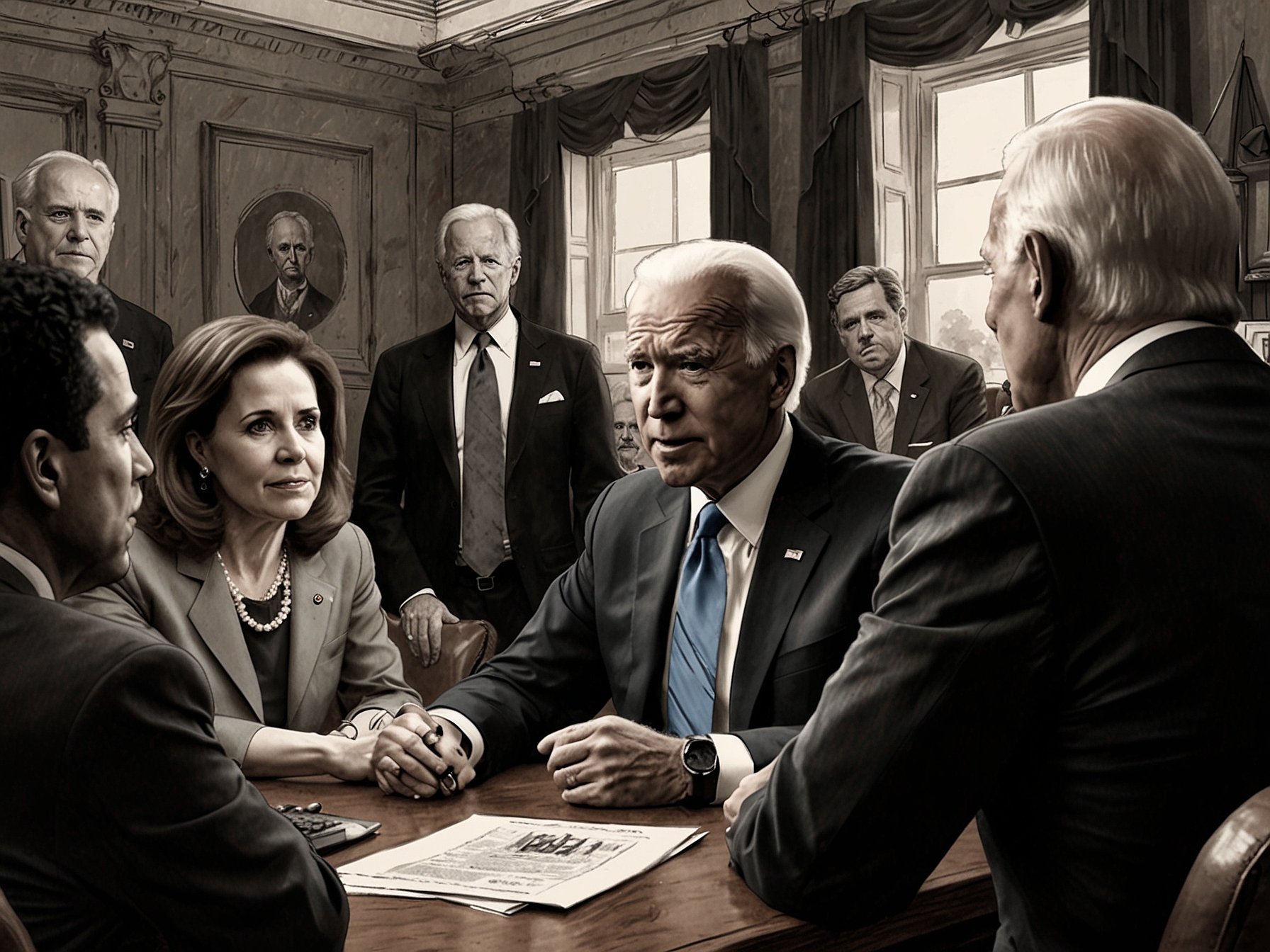 An intense Democratic Party meeting where high-ranking members are engaged in a heated discussion about potential strategies and measures to address Joe Biden's leadership performance.
