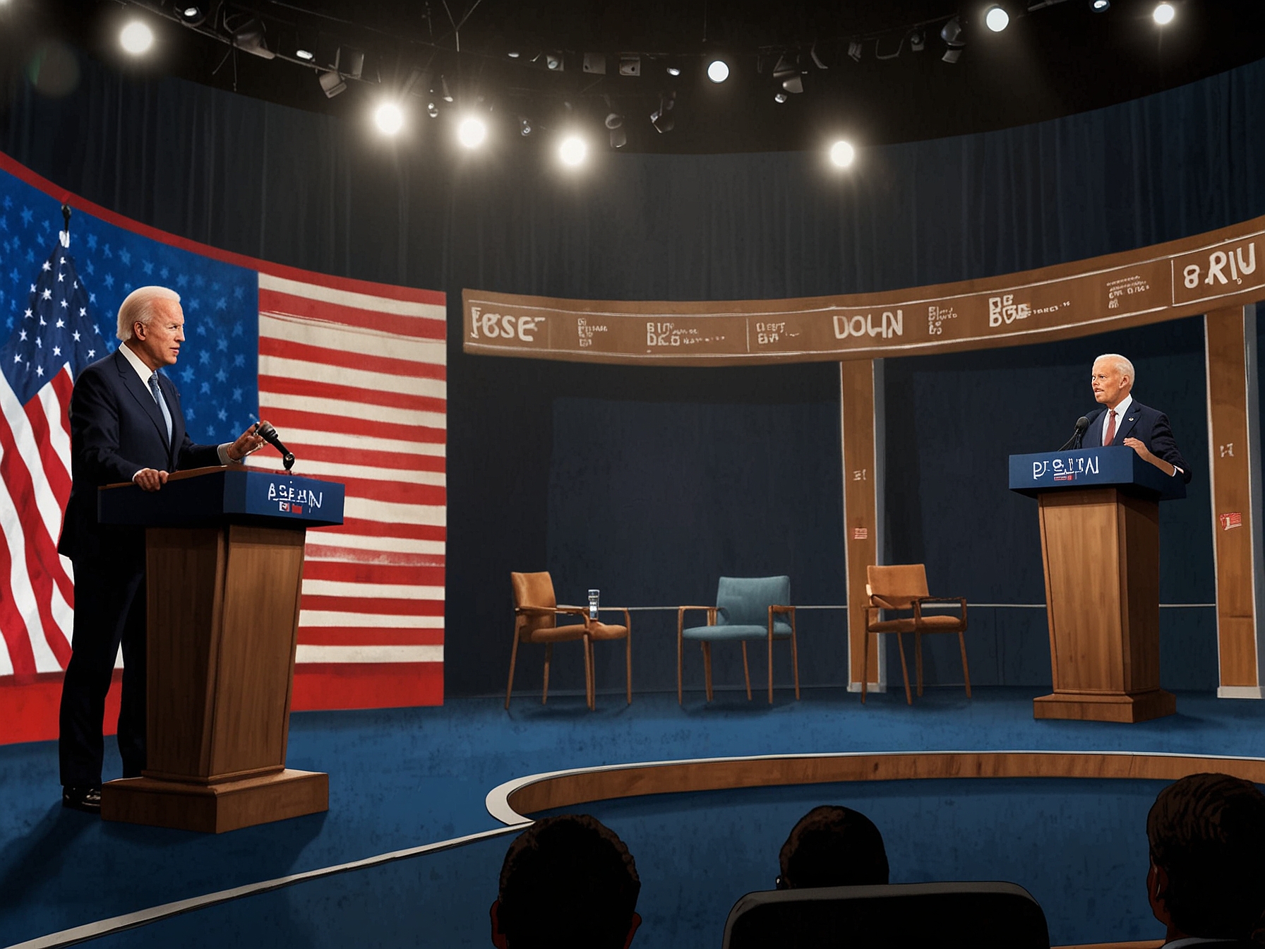 A political debate stage featuring President Joe Biden, with a focus on Biden receiving media training to improve his debate skills and public appearances for future engagements.
