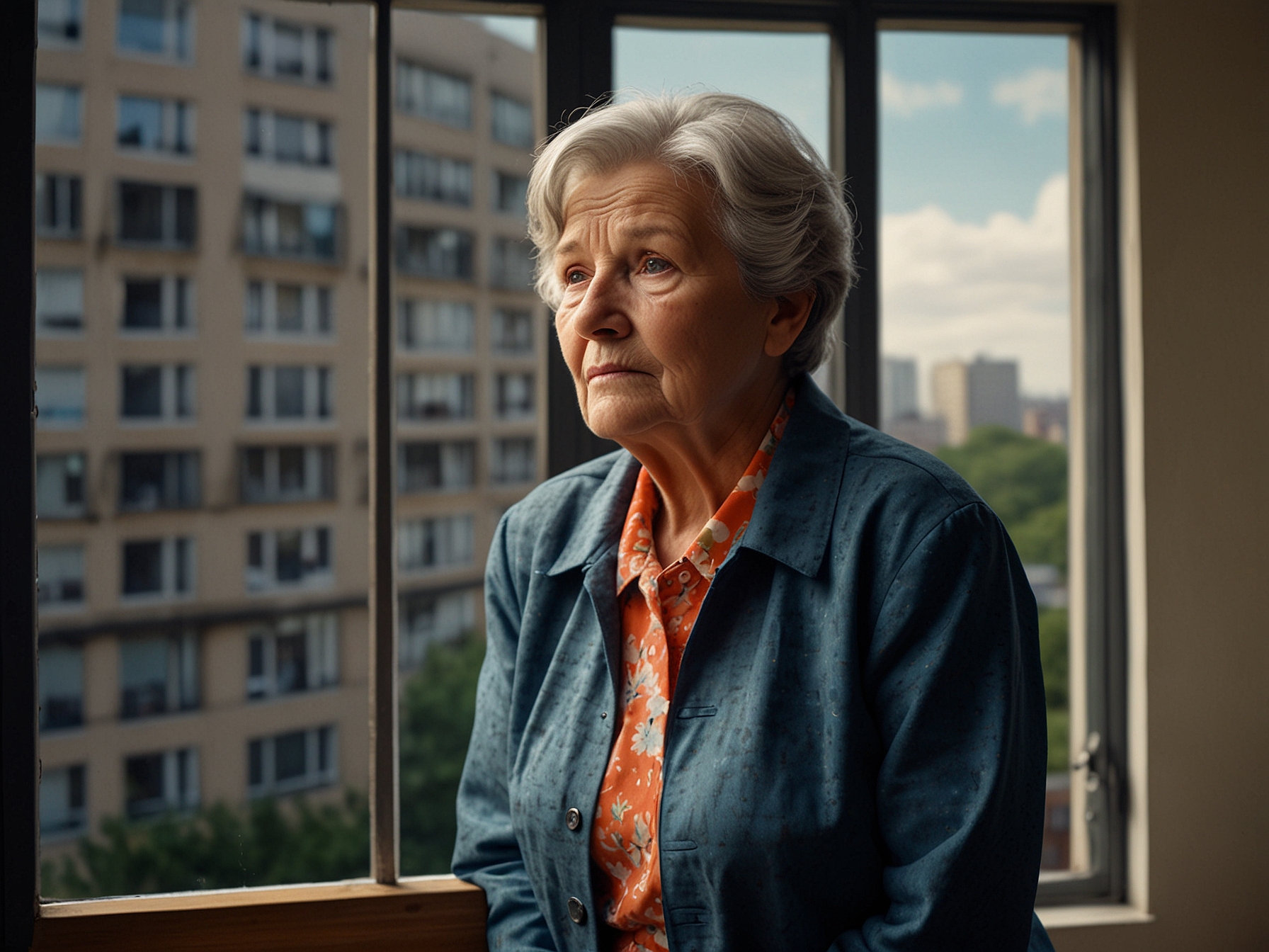 An elderly woman, Alice Johnson, stands by her window in the 15-storey tower block, looking out with a mix of worry and sadness. She has lived here for 45 years and is anxious about finding new housing.