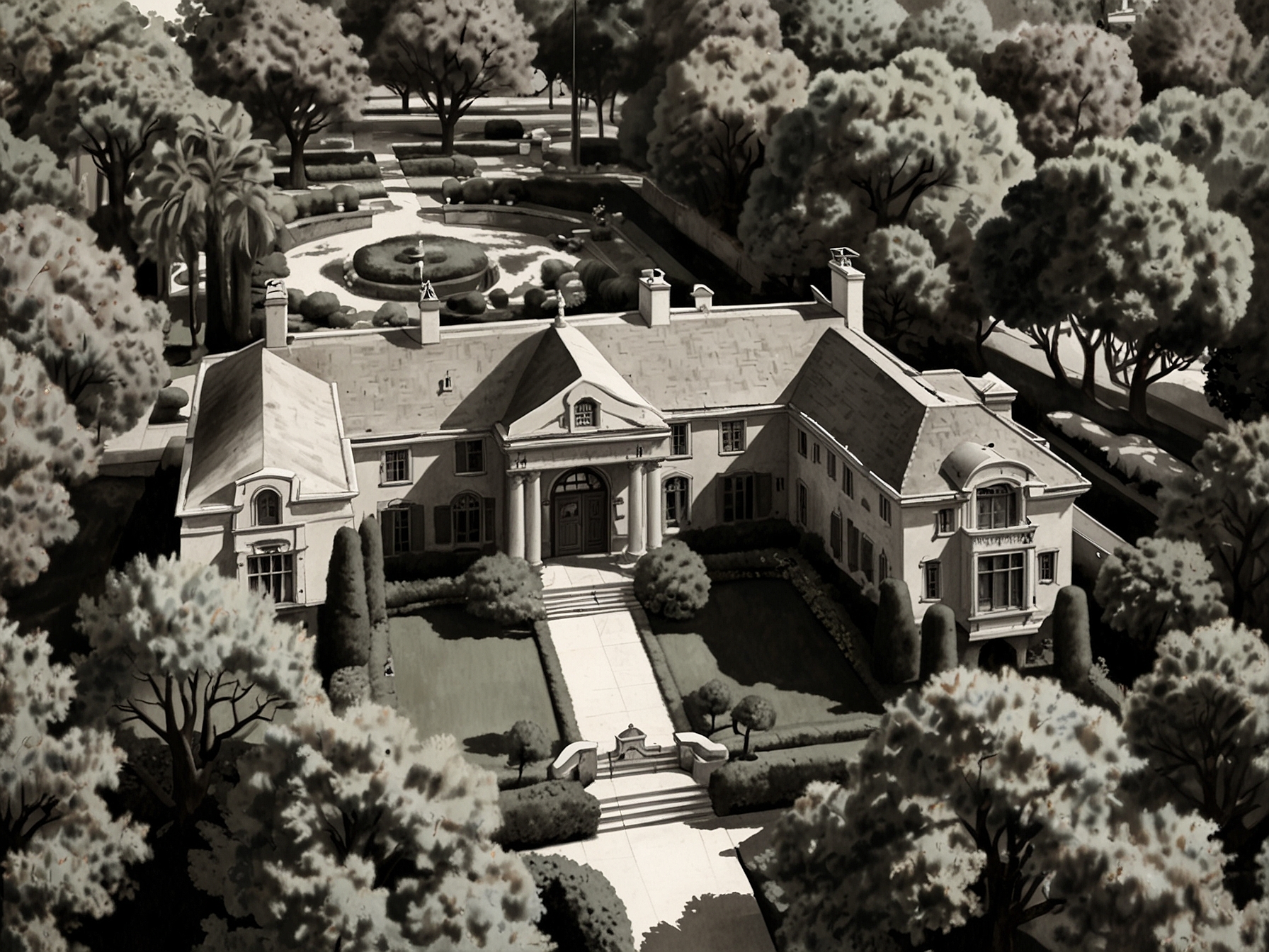 An aerial view of the Pasadena estate showcasing the 1930s French Norman-style mansion and the 1960s midcentury modern home surrounded by well-manicured gardens and mature trees.