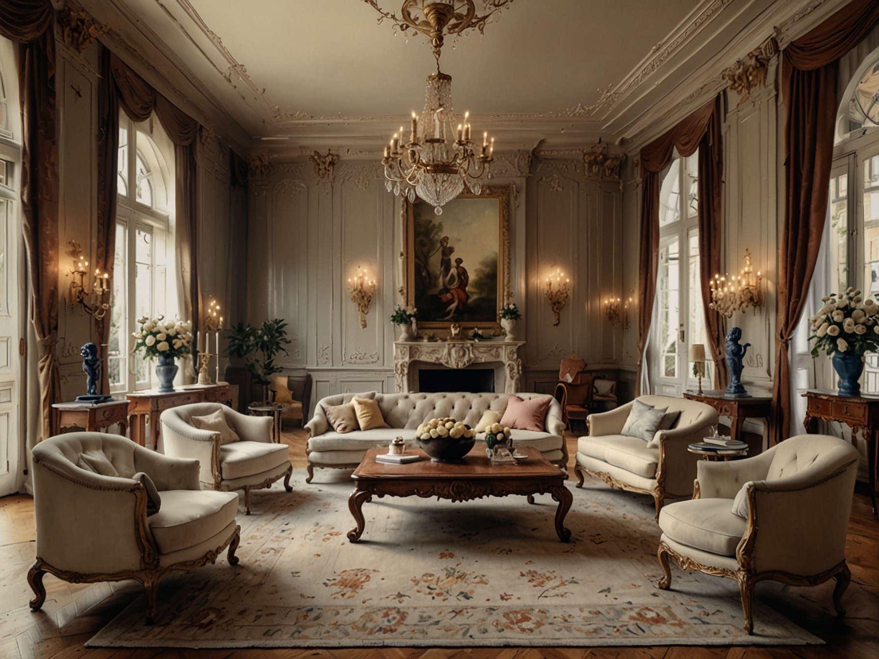 The opulent living room inside the French Norman-style mansion, featuring high ceilings, intricate moldings, large windows allowing natural light, and classical furniture, embodying timeless elegance.