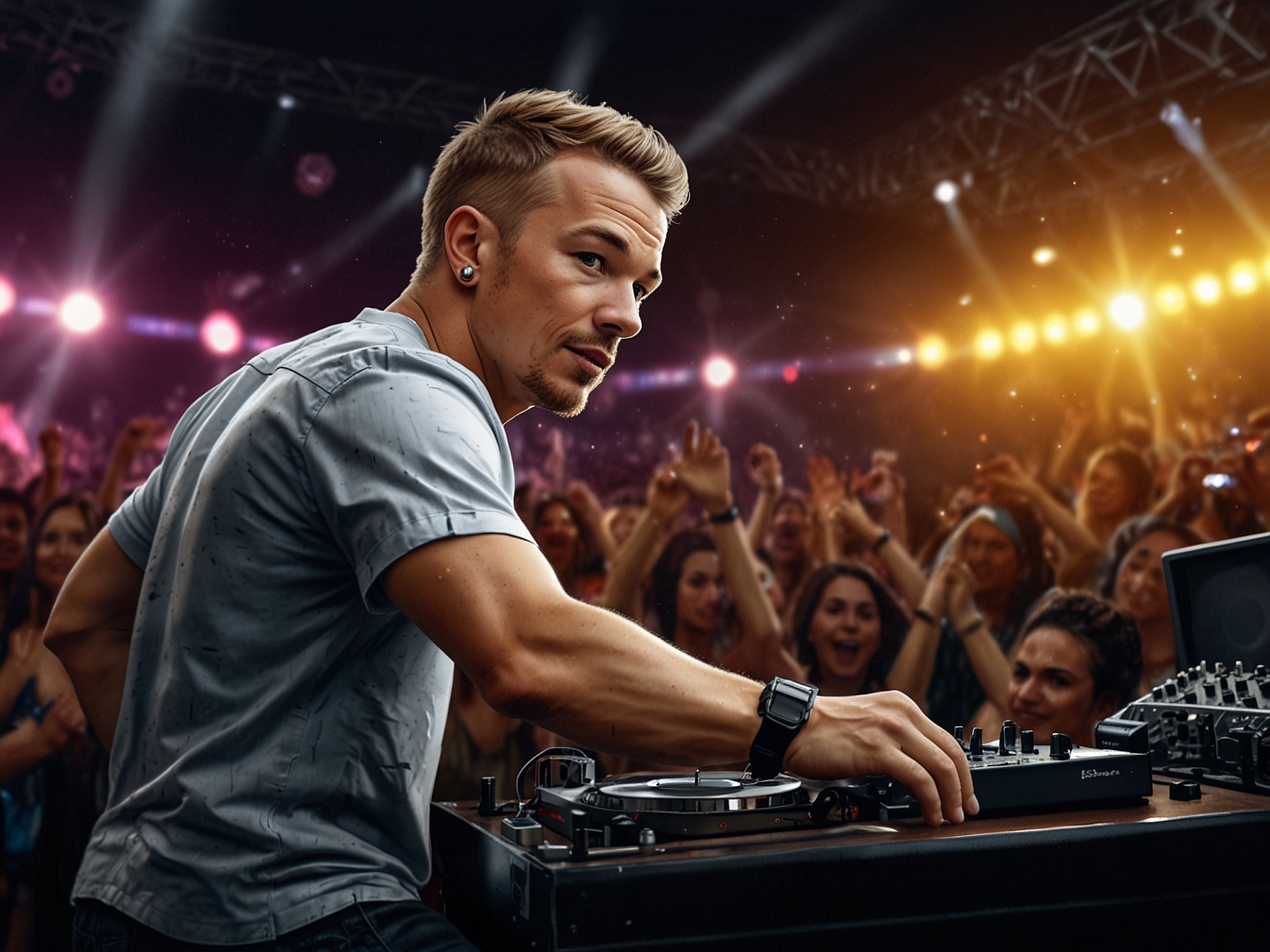 Diplo performing at a major music festival, showcasing his energetic style and connecting with an enthusiastic audience, highlighting his prominence as a global DJ and producer.