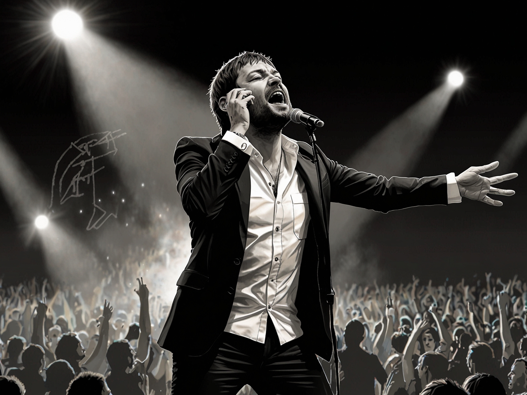 Tom Meighan during a high-energy Kasabian performance, capturing his once-charismatic stage presence before his career downfall and legal issues.