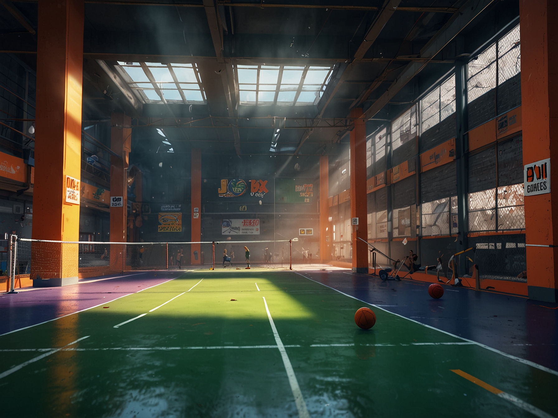 An illustration of Jomboy Media's 'Warehouse Games' showcasing vibrant gameplay of blitzball, with dynamic player movements and colorful sports equipment in an indoor sports arena setting.