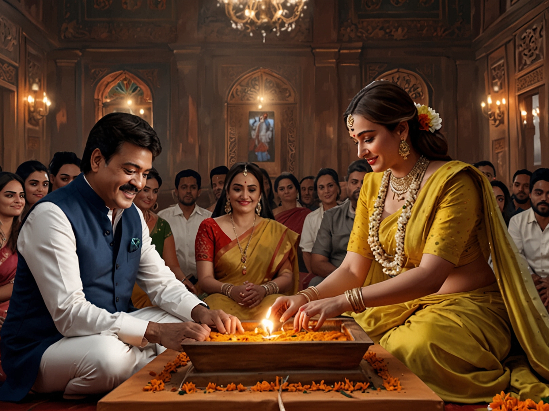 Shatrughan Sinha performing a Hindu ritual with Sonakshi Sinha and Zaheer Iqbal sitting together, highlighting the beautiful blend of traditions at their inter-faith wedding.