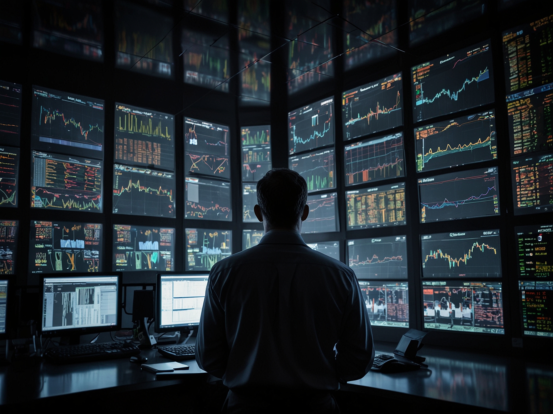 Traders on a stock market floor watching multiple screens showing various global indices. The scene reflects the cautious sentiment and anticipation among investors regarding upcoming inflation figures.