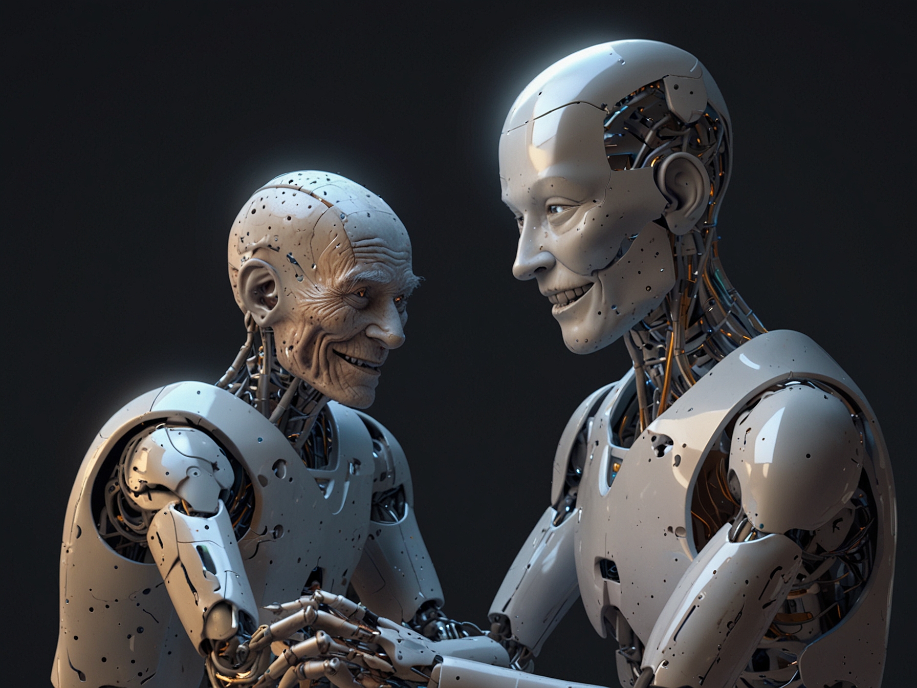 A humanoid robot with biological skin on its face, showing a realistic smile while interacting with an elderly patient, highlighting its potential in healthcare.
