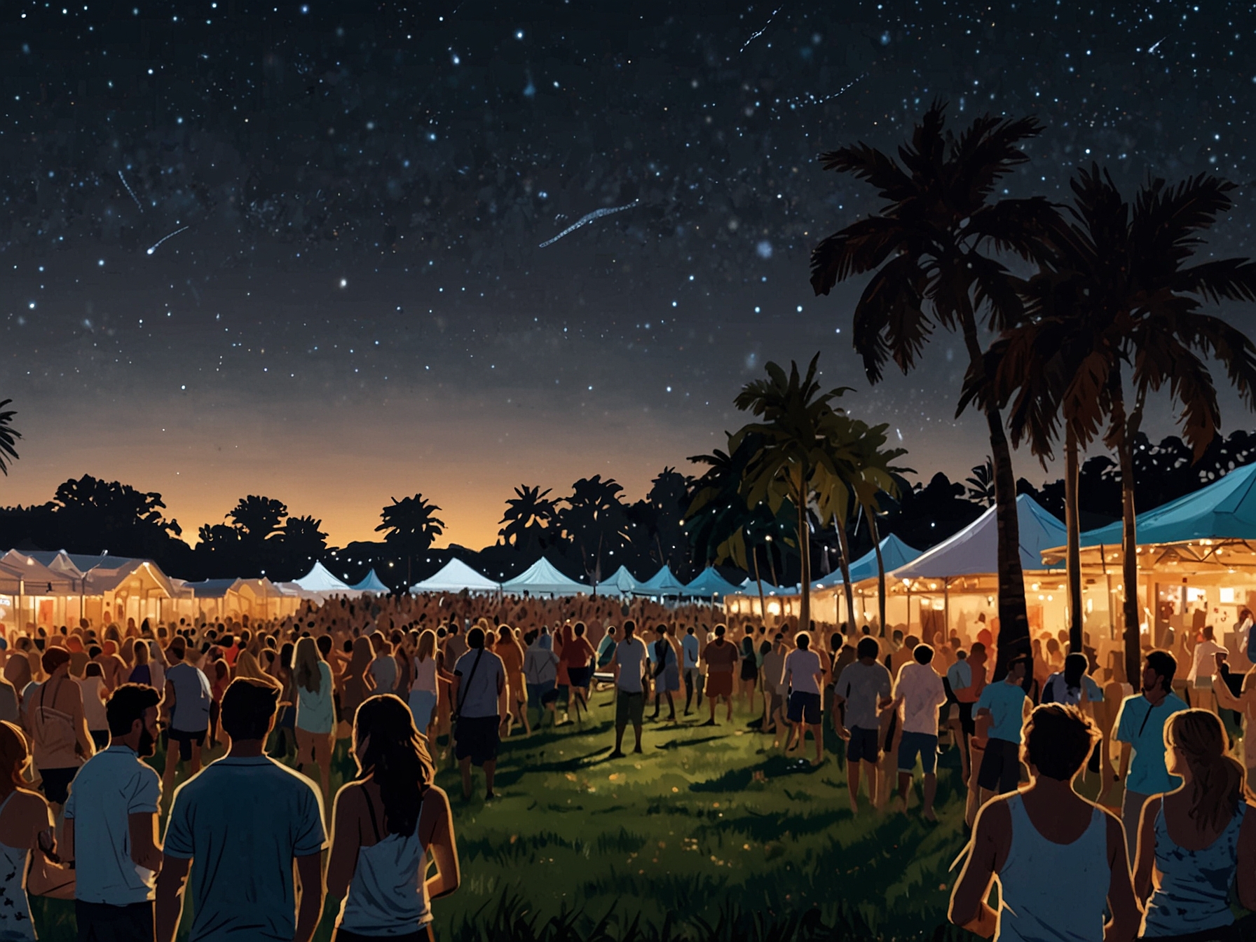 A panoramic view of the Palm Tree Music Festival in the Hamptons, with a diverse crowd enjoying performances under the starry summer sky, surrounded by natural beauty.