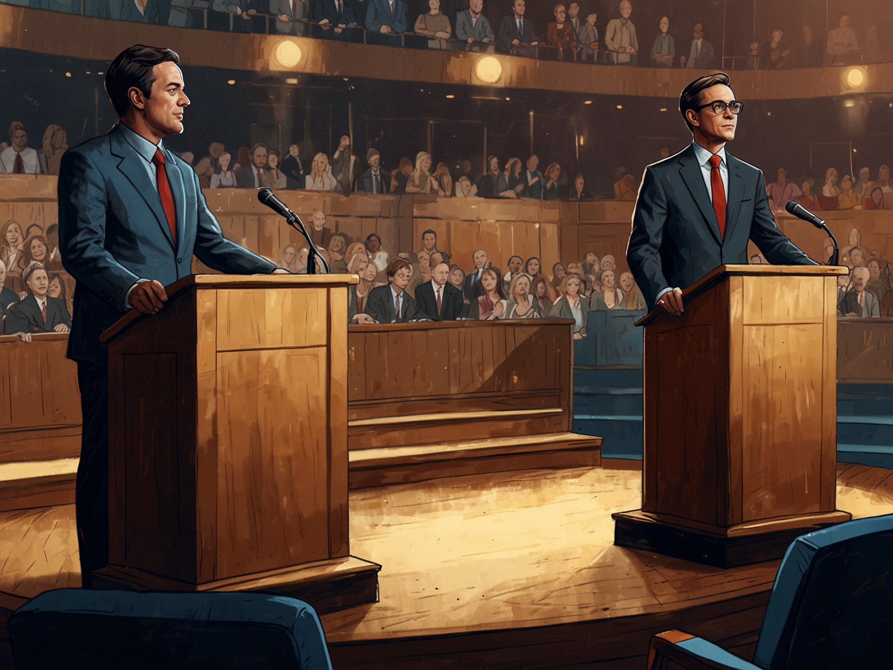 Illustration of two podiums on a stage, symbolizing the candidates' debate, with a diverse audience eagerly watching the political showdown.