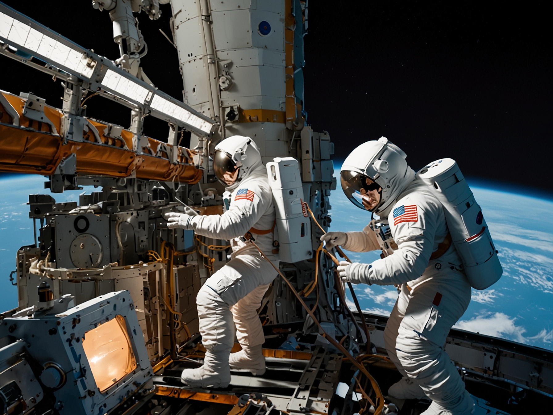 An image showing NASA astronauts aboard the ISS, working closely with ground engineers to troubleshoot the Boeing Starliner's propulsion system issues.