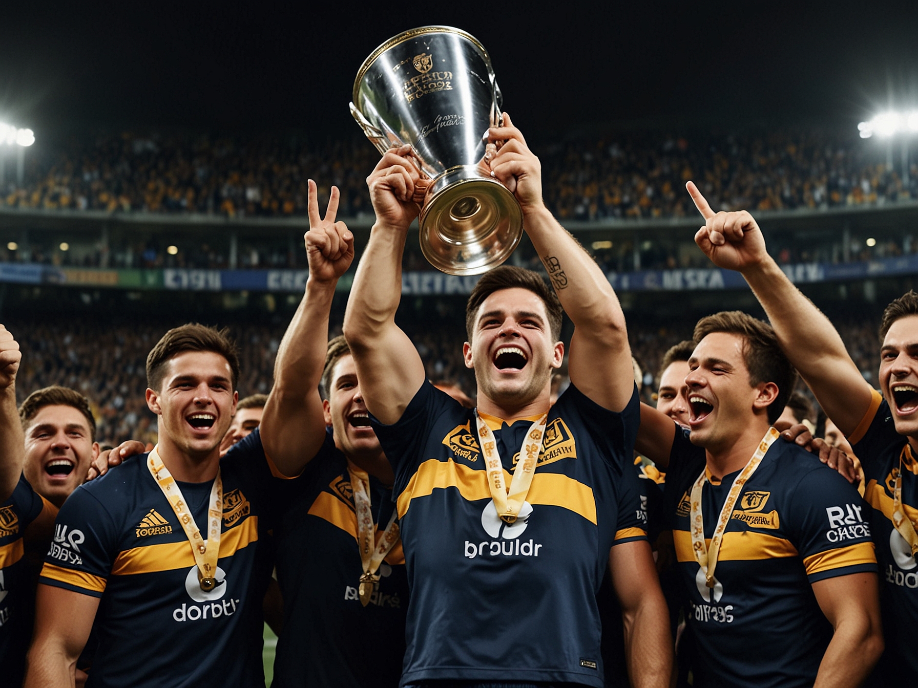 A jubilant Mitchell Moses hoists the Man of the Match trophy amidst cheering teammates and fans. His expression reflects the triumph and emotional culmination of his arduous journey.