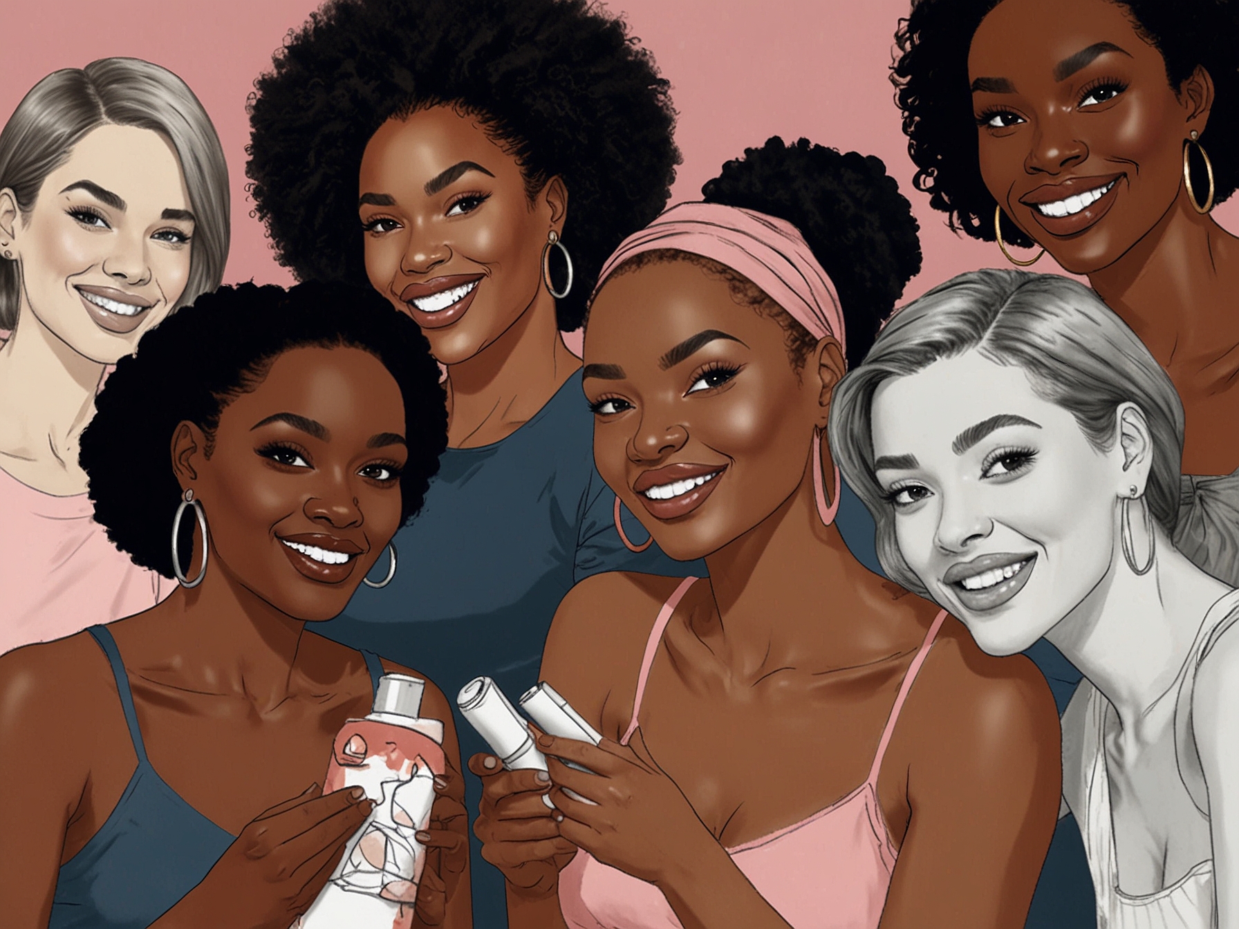 A diverse group of individuals engaging with beauty products, symbolizing the emotional and social impact of inclusive beauty as discussed by FIT's Beauty Think Tank.