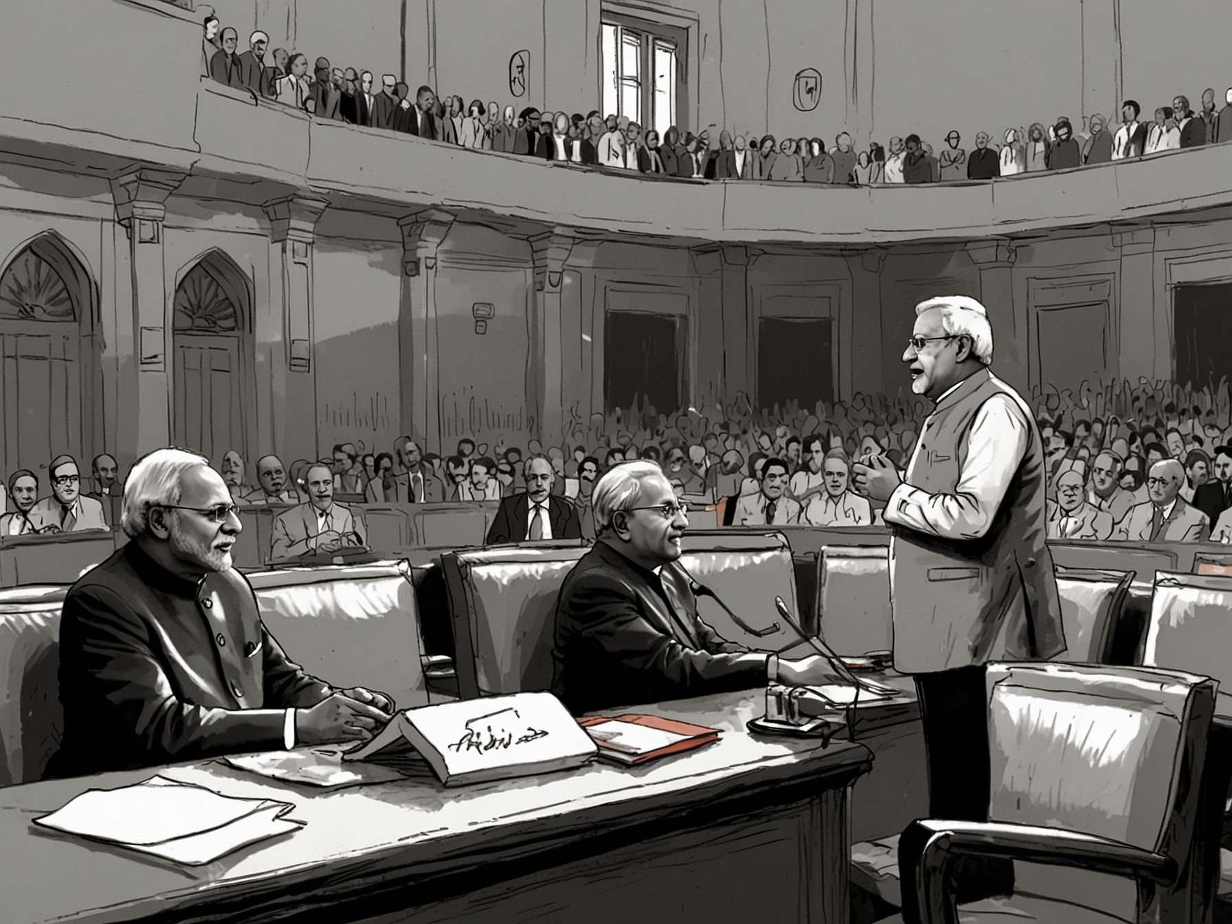 A heated parliamentary session in India, showcasing opposition members in protest and government officials defending their stance, capturing the current confrontational atmosphere.