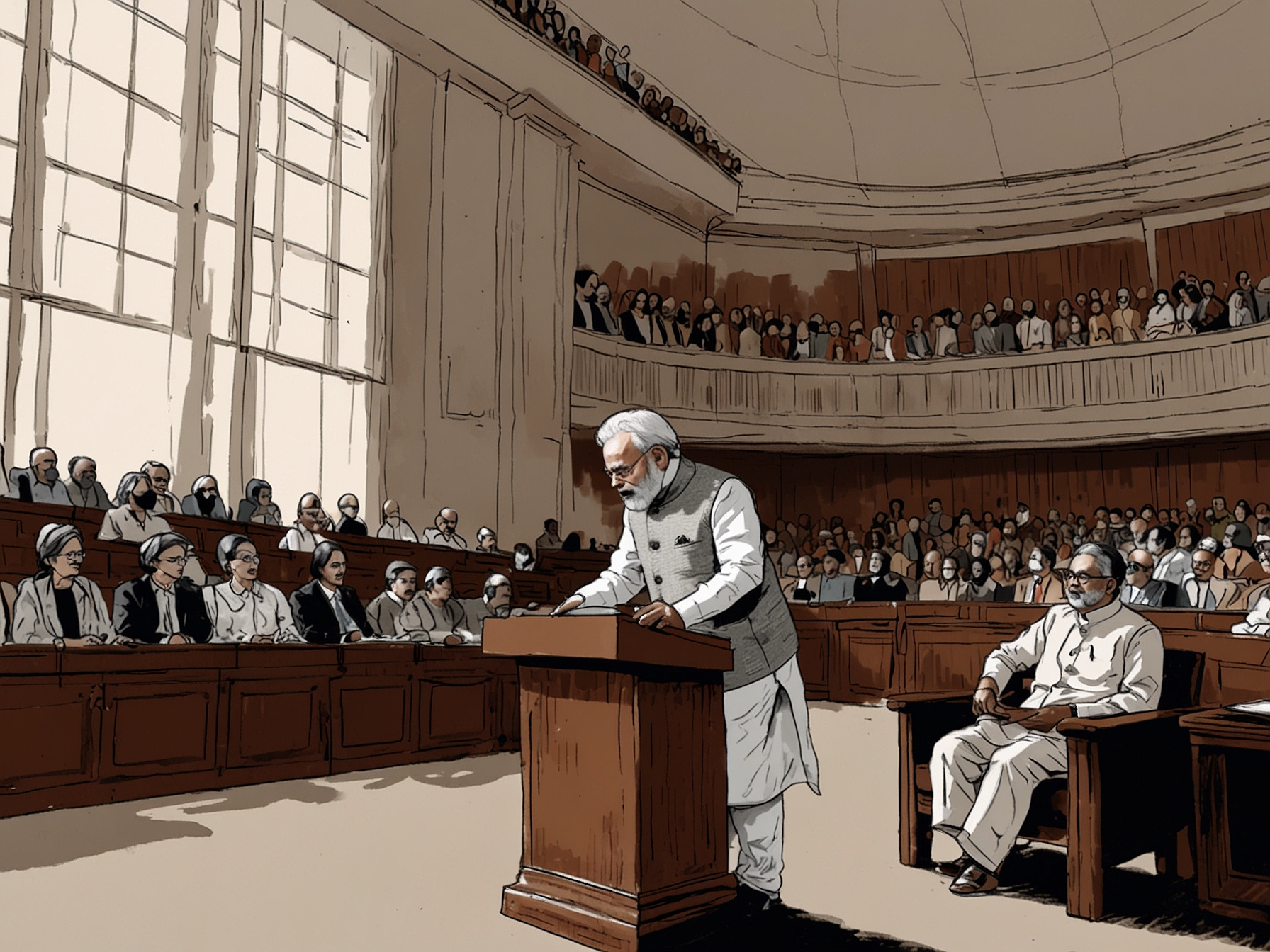 Prime Minister Narendra Modi addressing the Parliament, emphasizing the need for bipartisan cooperation against the backdrop of ongoing political divisions and procedural disruptions.