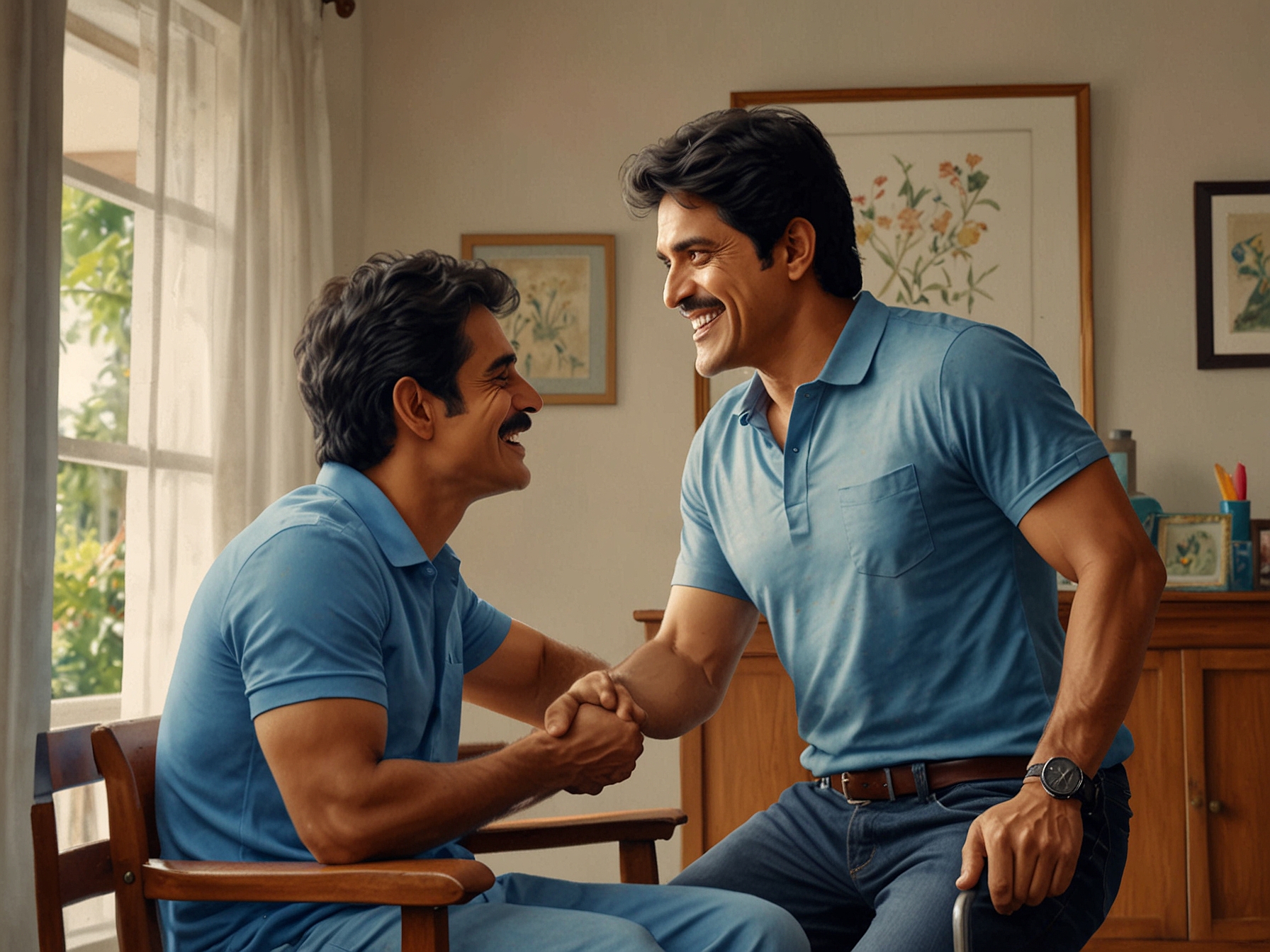 A heartwarming moment as Nagarjuna warmly receives his differently-abled fan at his home, showcasing a genuine interaction filled with smiles and meaningful conversation.