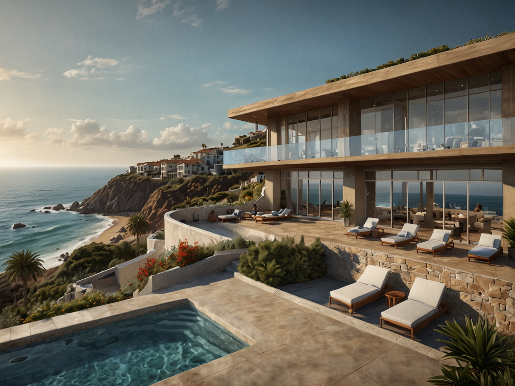 Architectural rendering of the high-end Dana House hotel showcasing its luxurious amenities, rooftop infinity pool, and stunning ocean views, embodying Dana Point's coastal charm.