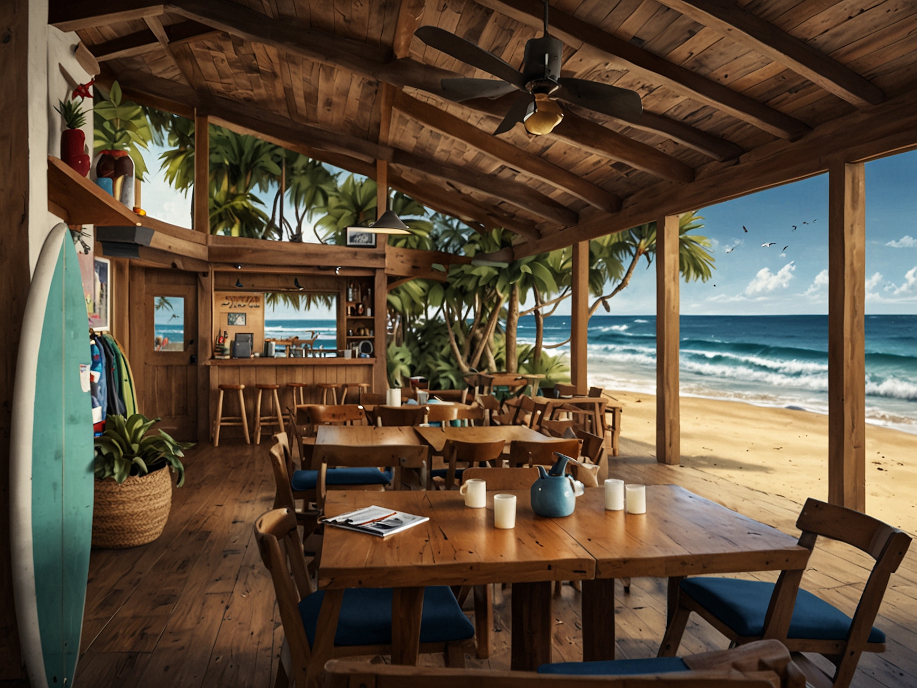 Illustration of Surf Lodge, highlighting its casual beachside vibe, surfboard rentals, and connection to local surfing spots, catering to adventure travelers and surf enthusiasts.