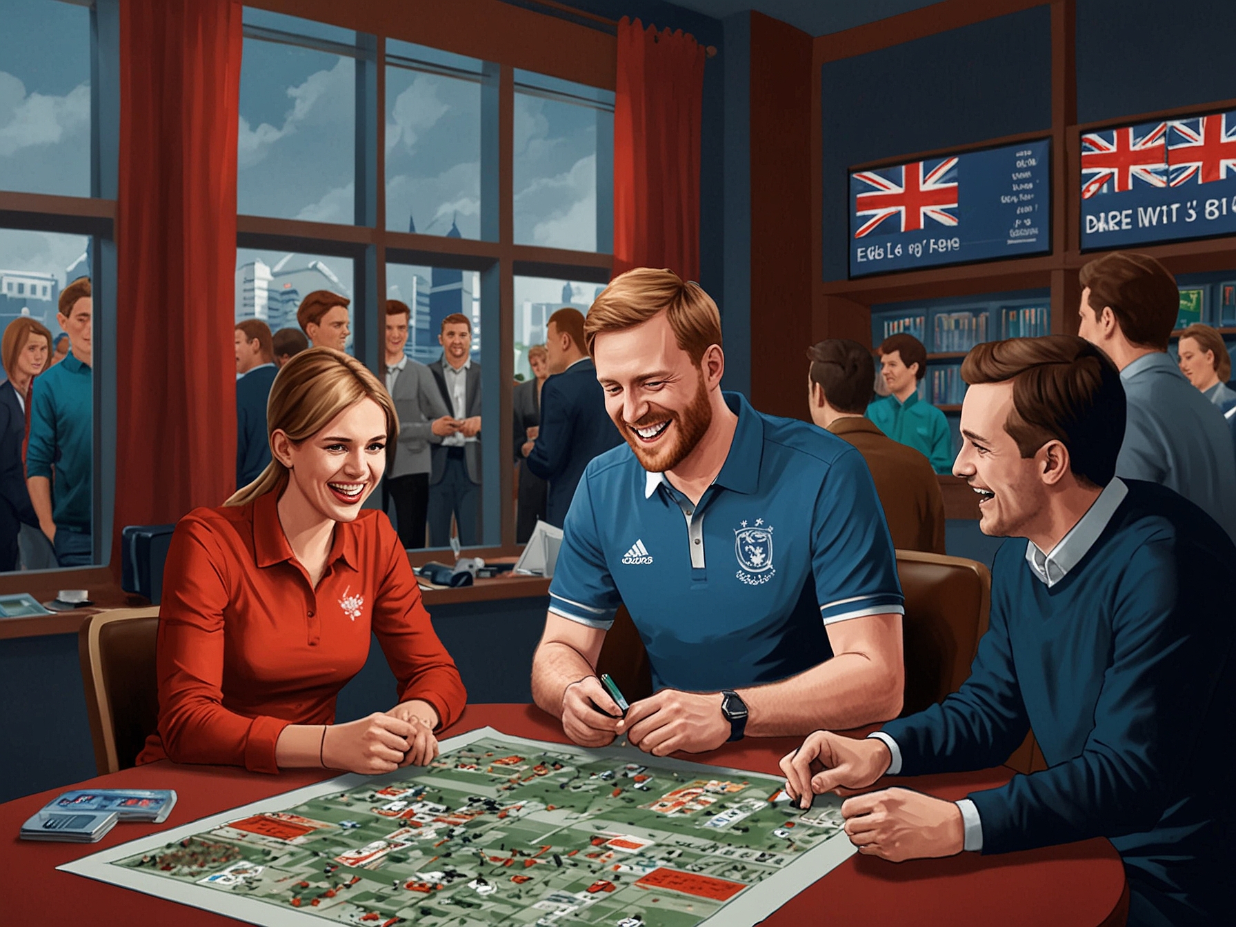 An illustration of Betfred's £50 free bets promotion, showing enthusiastic football fans placing bets, capturing the excitement and fan engagement for the Germany vs Denmark match.