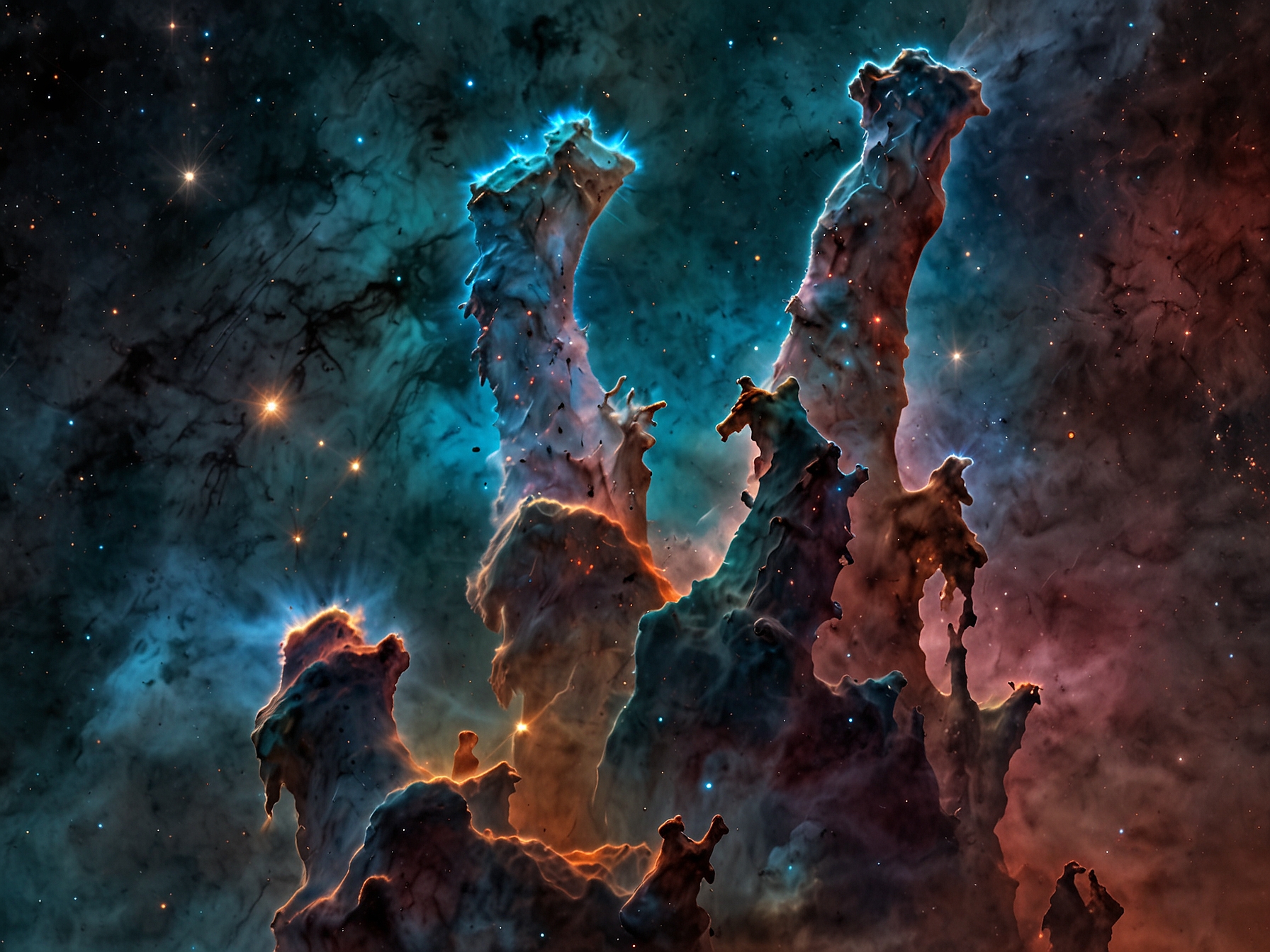 A stunning 3D visualization of the ethereal Pillars of Creation, combining Hubble's visible light images with James Webb's infrared data, showcasing intricate details of this stellar nursery.