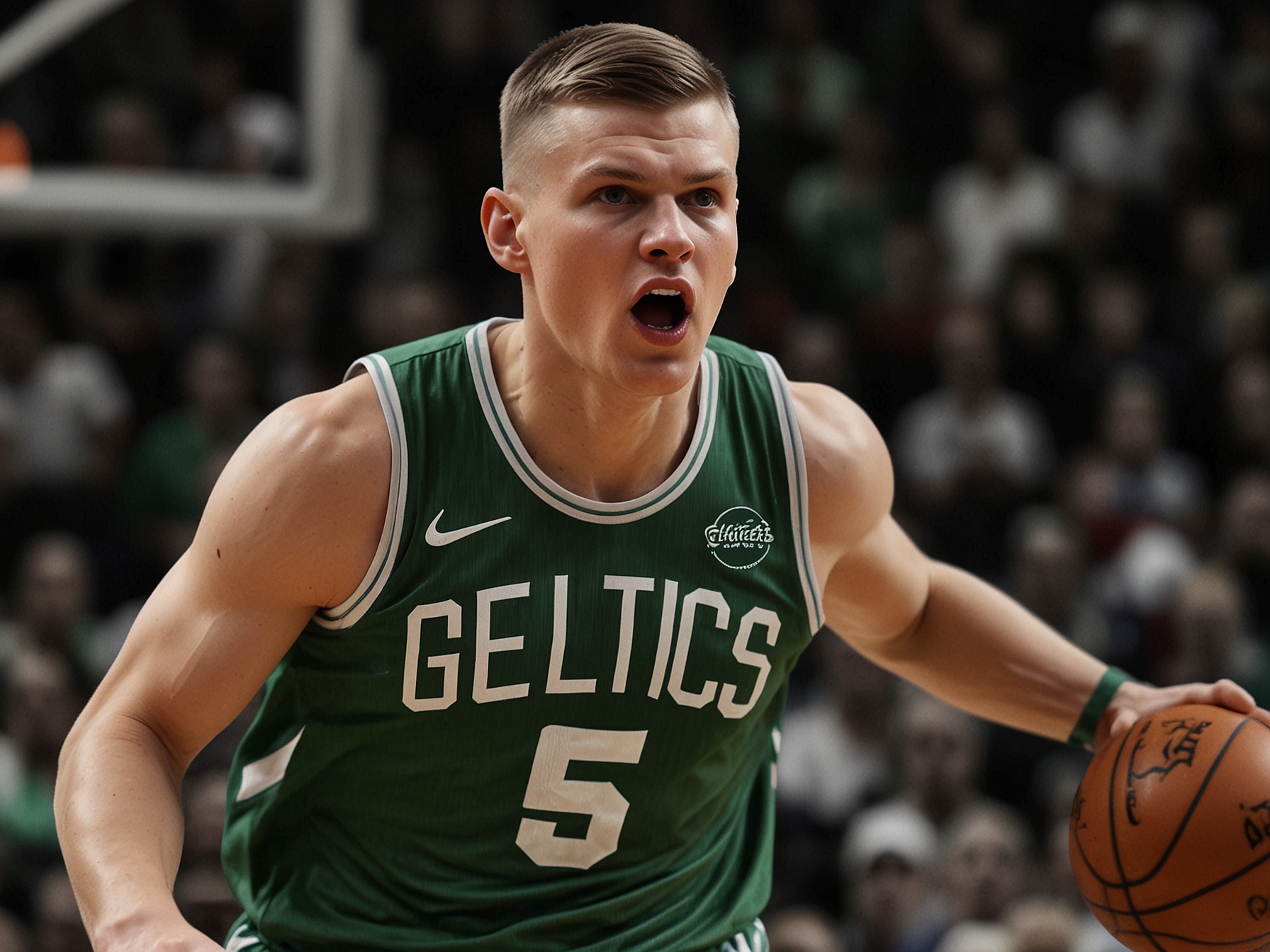 Kristaps Porzingis on the court, showcasing his agility and basketball skills during an NBA game, symbolizing his crucial role in the Boston Celtics' season before his unfortunate injury.