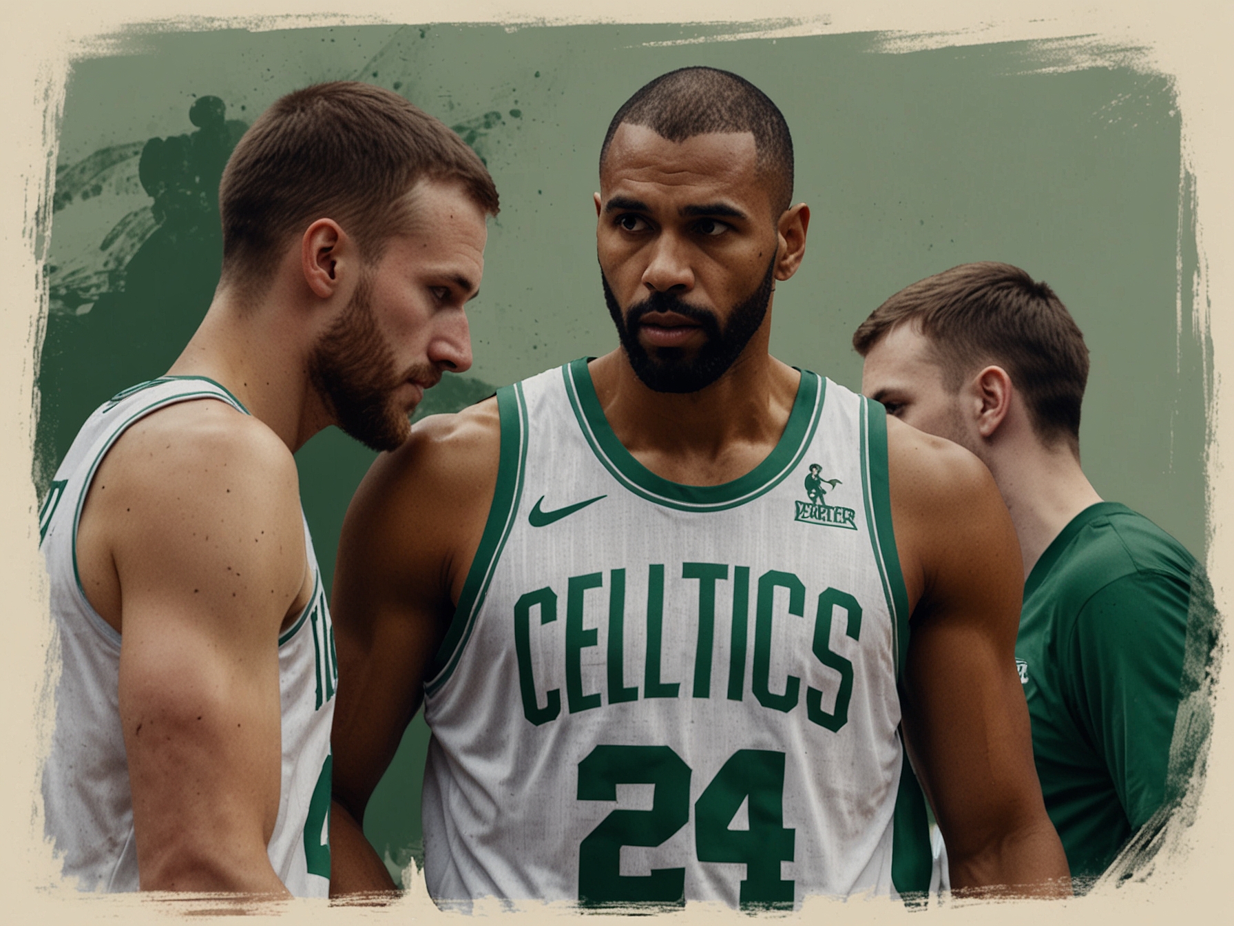 Boston Celtics coach Ime Udoka strategizing with the team in a huddle, highlighting the challenge of adapting to Porzingis' absence and redistributing roles among players for the upcoming season.