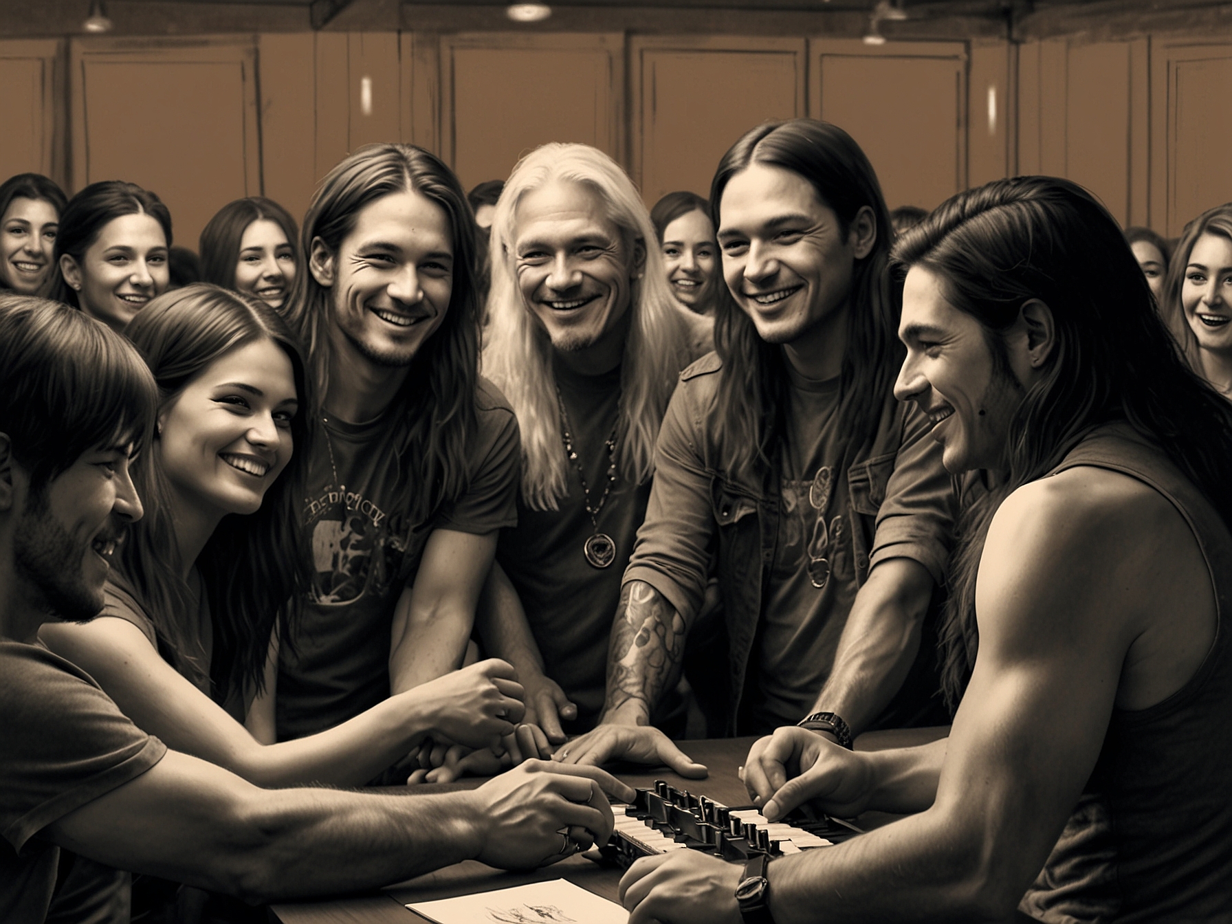 Band members of Crazy Horse interacting with fans during a meet-and-greet session, showcasing the strong bond and mutual support between the artists and their fanbase.
