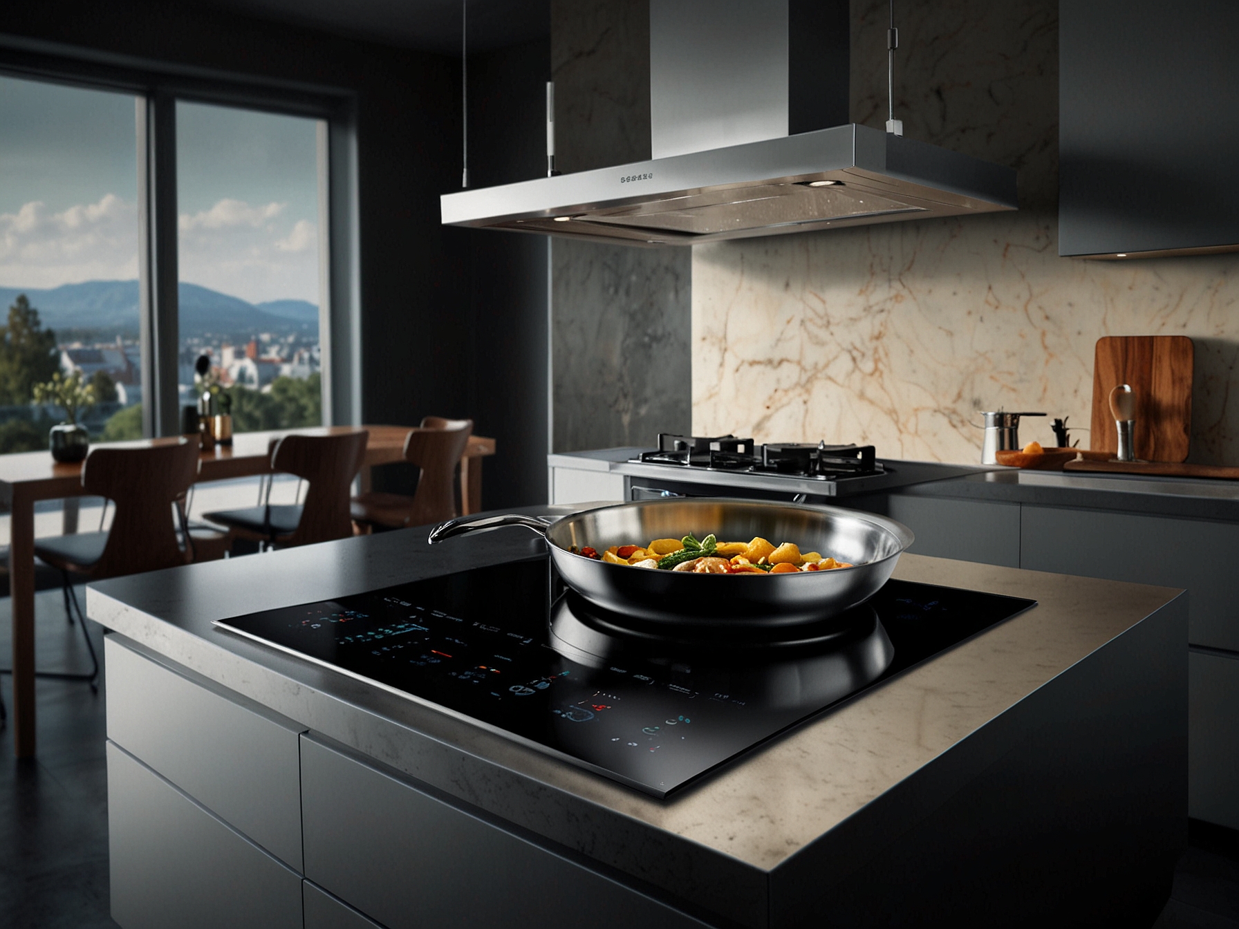An elegant induction cooktop in a contemporary kitchen setting, featuring touch controls, cool-to-touch surface, and energy-efficient cooking, emphasizing its safety and advanced technology.
