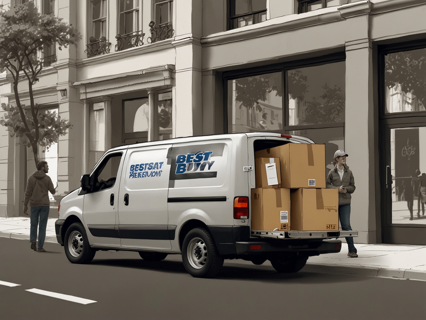 An image illustrating the fast and efficient delivery service of Best Buy's sale event, with a delivery van and a happy customer receiving a package within 2 days.