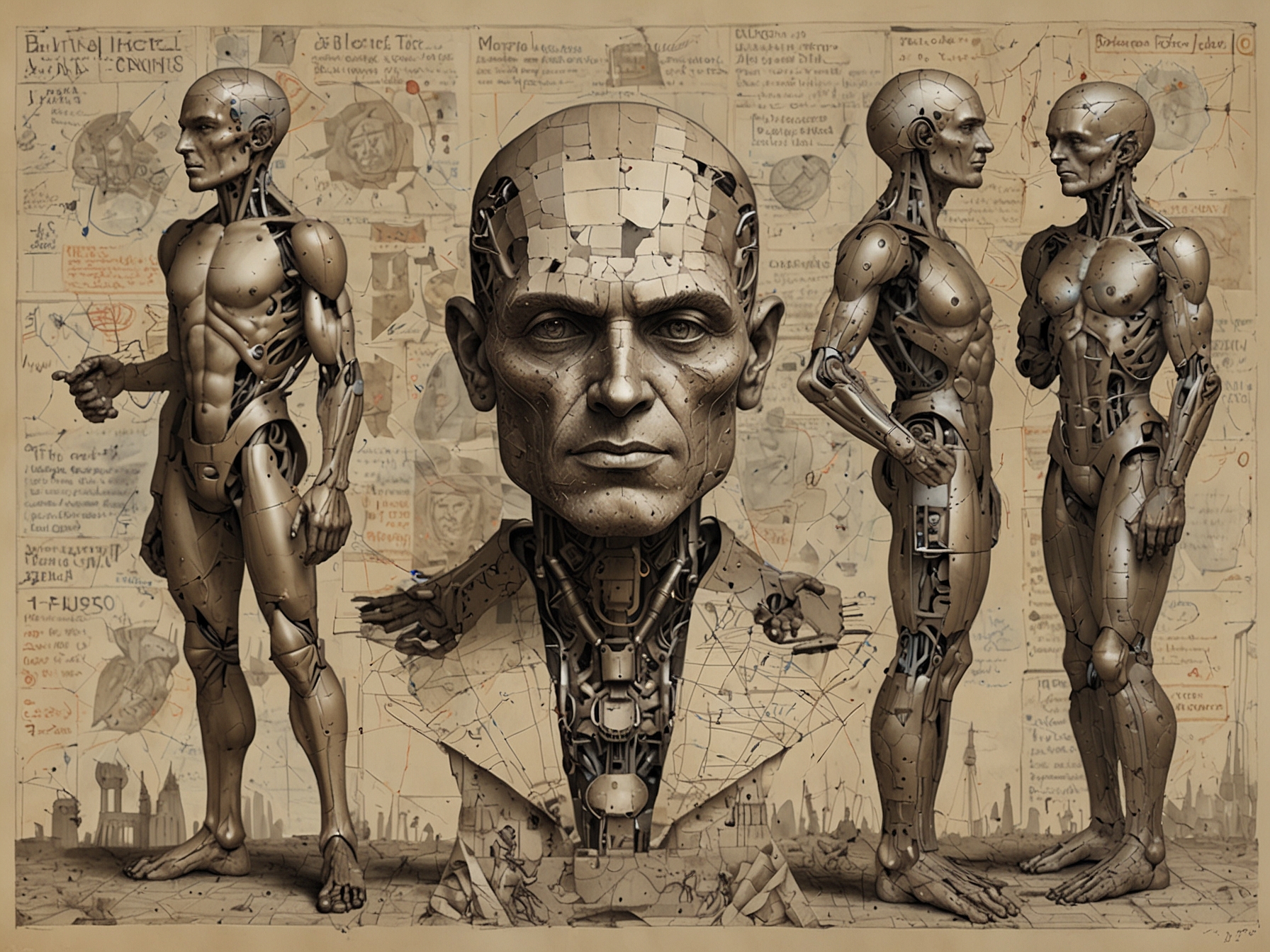 A collage depicting the evolution of AI, starting with ancient Greek mythology's mechanical men like Talos, through Alan Turing's early work, and milestones like the Dartmouth Conference.